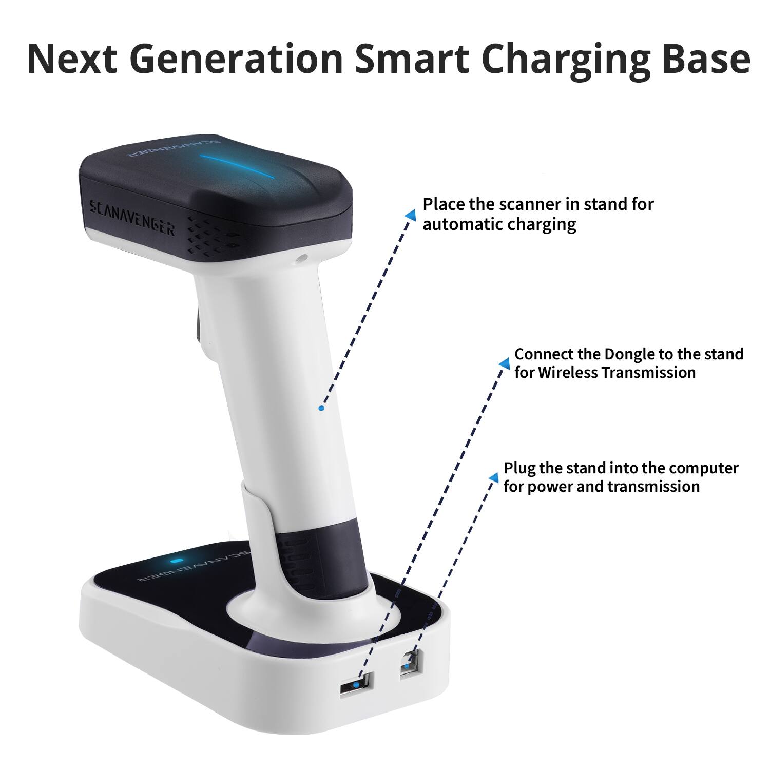 Next Generation Smart Charging Base

Place the scanner in stand for automatic charging

Connect the Dongle to the stand for Wireless Transmission

Plug the stand into the computer for power and transmission