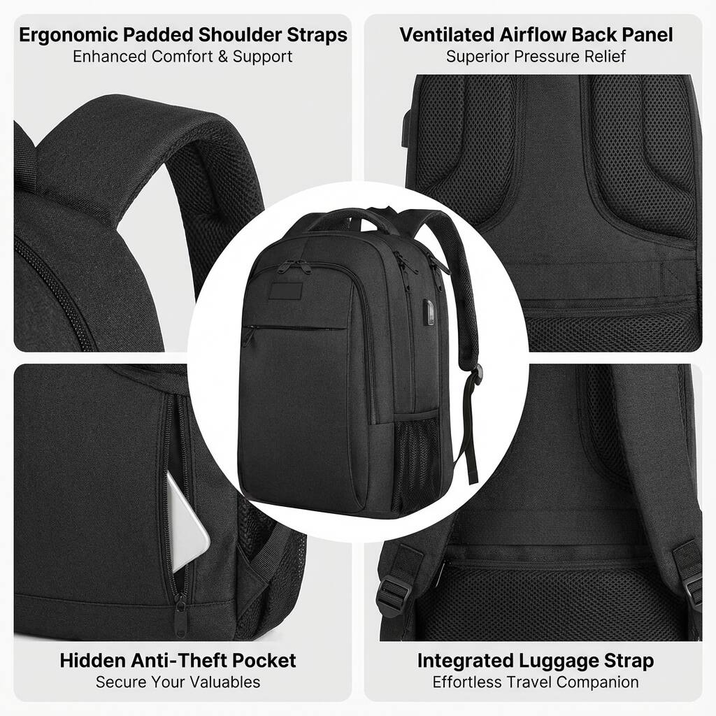 Ergonomic Padded Shoulder Straps  
Enhanced Comfort & Support  

Ventilated Airflow Back Panel  
Superior Pressure Relief  

Hidden Anti-Theft Pocket  
Secure Your Valuables  

Integrated Luggage Strap  
Effortless Travel Companion