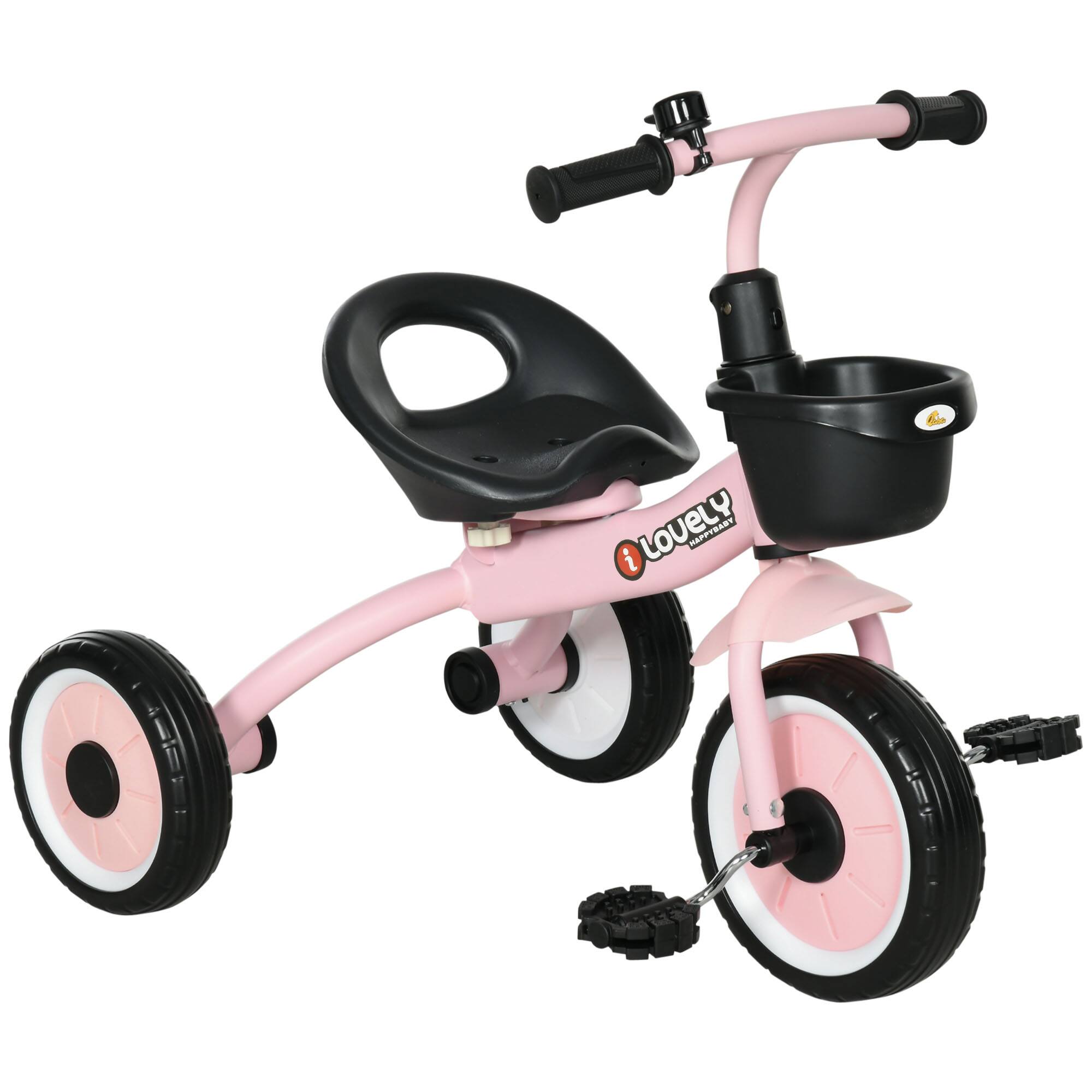 Qaba - Toddler Tricycle, 2-5 Years, Adjustable Seat, Kids Trike, Toddler Bike, Basket, Bell, Handlebar Grips