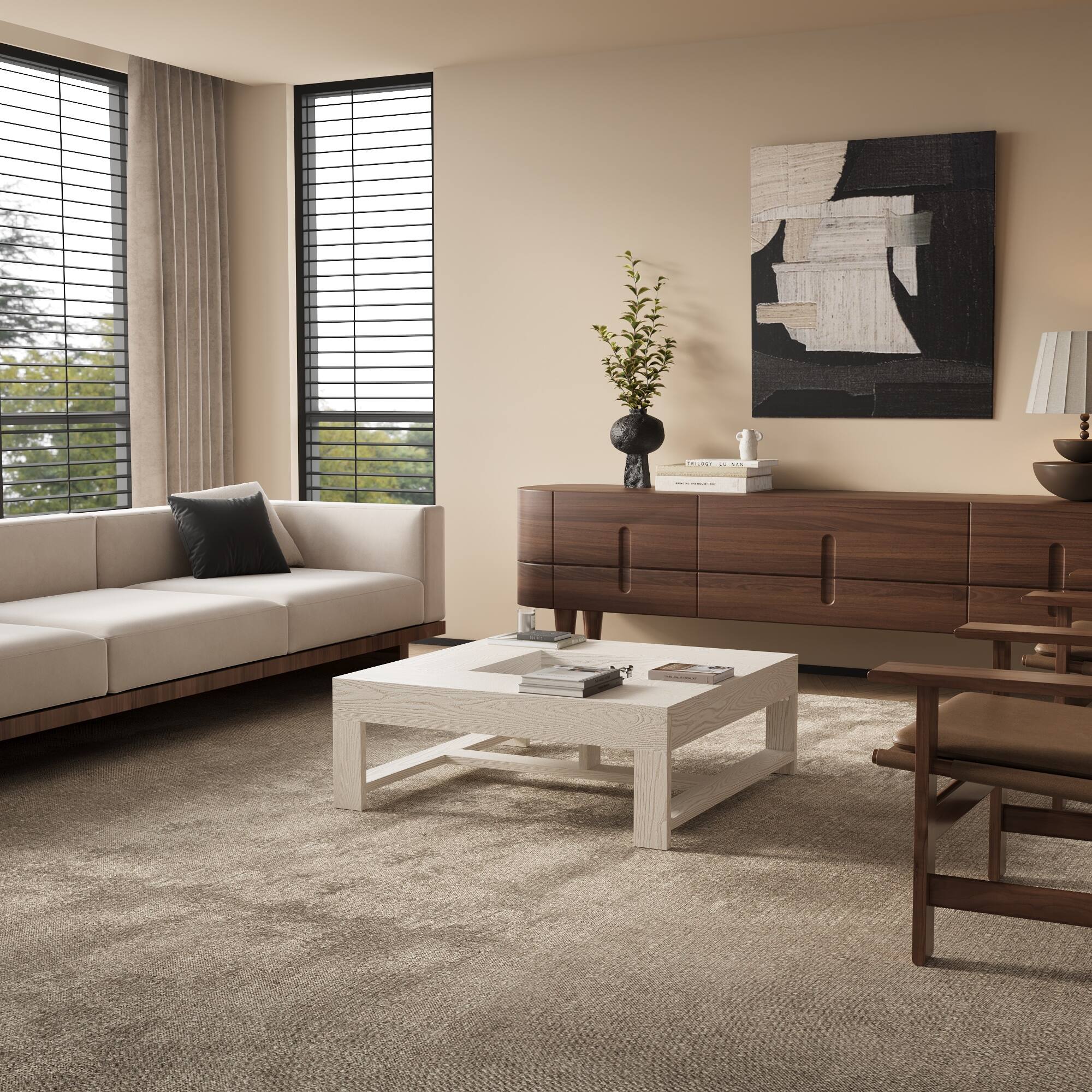 Alt View 10. FUFU&GAGA - Japanese Style Hollow Coffee Table with Central Storage and Minimalist Frame for Living Room - Off-White.