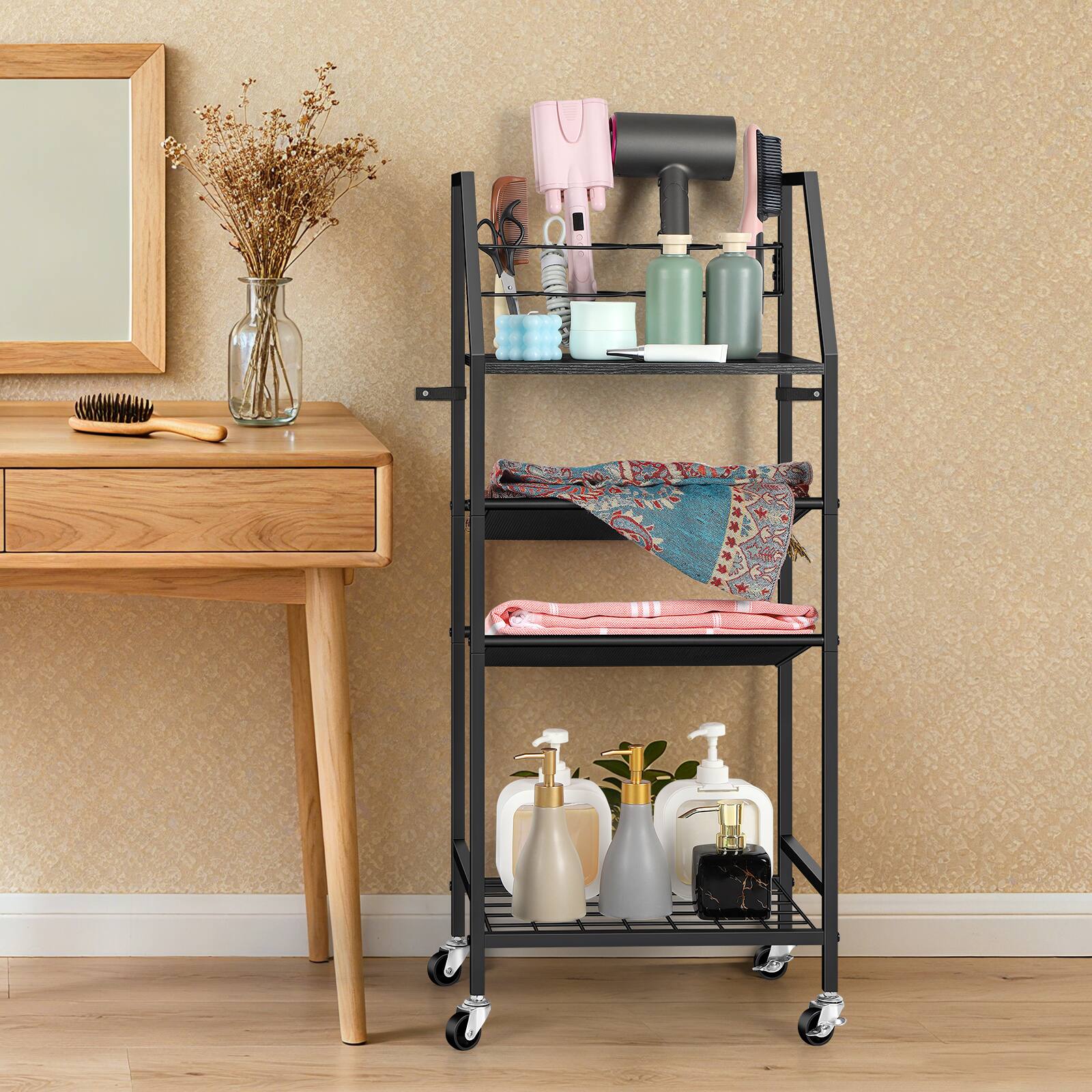 Front. Oumilen - 4-Tier Rolling Hair Tool Storage Cart, Black Wood Board Lockable Wheels for Salon Bathroom - Black.