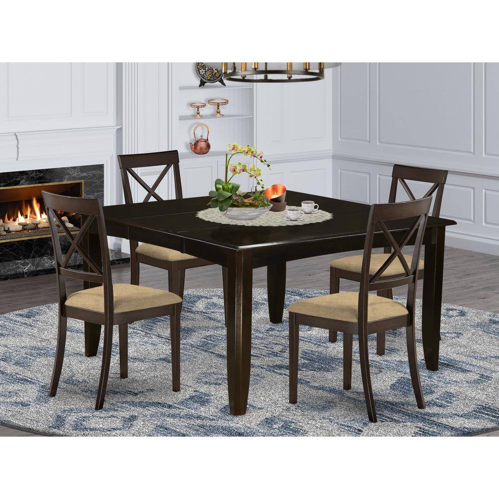 Left. East West Furniture - PFBO5-CAP-C 5 Pc Dining set-Square Dining Table with Leaf and 4 Dining Chairs - Cappuccino.