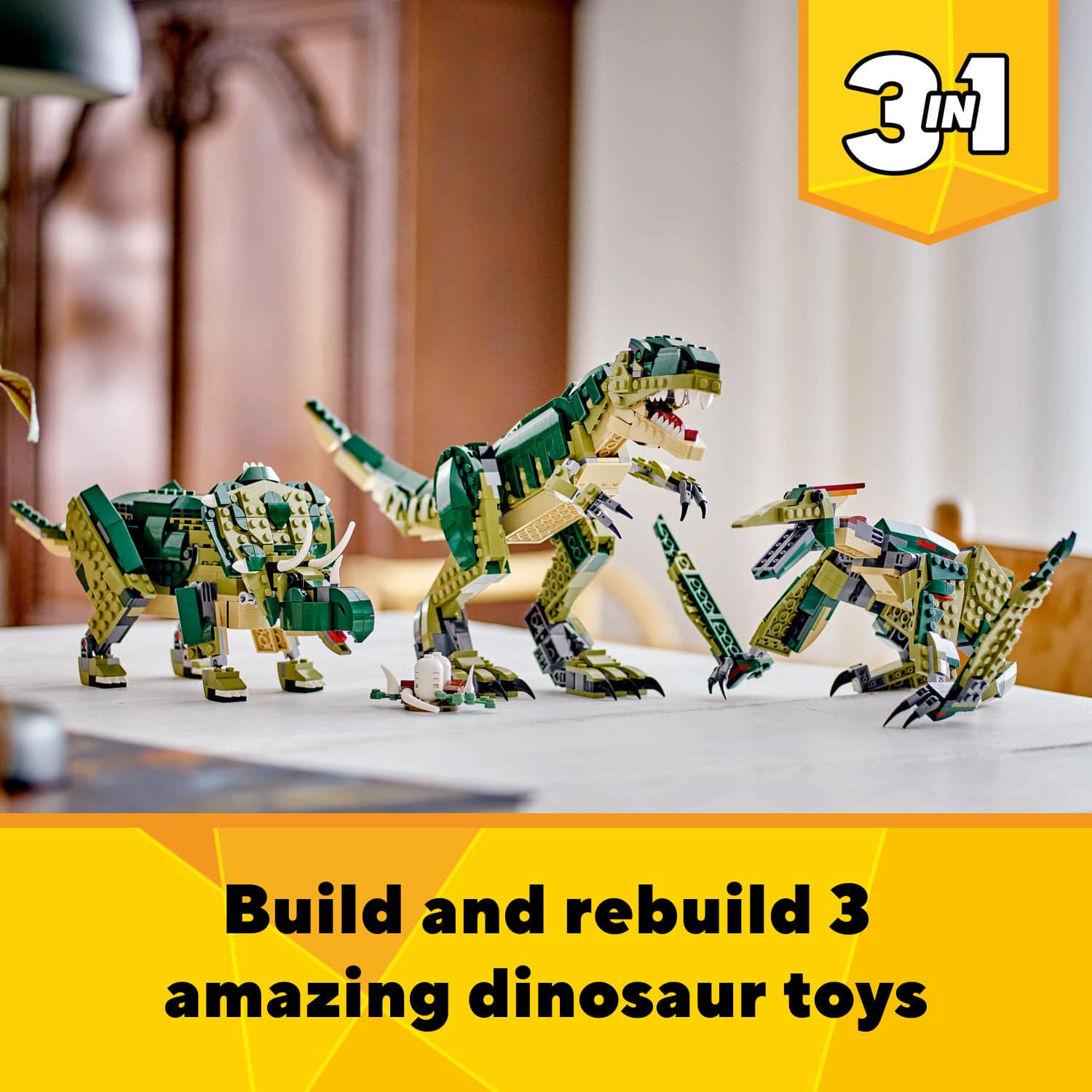 Build and rebuild 3 amazing dinosaur toys.