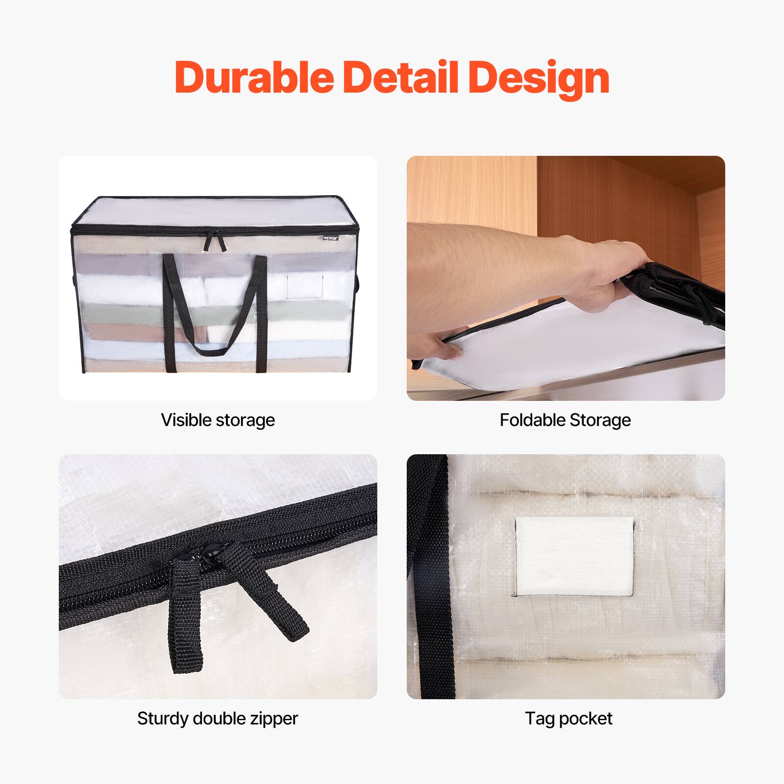 Durable Detail Design

- Visible storage
- Foldable Storage
- Sturdy double zipper
- Tag pocket