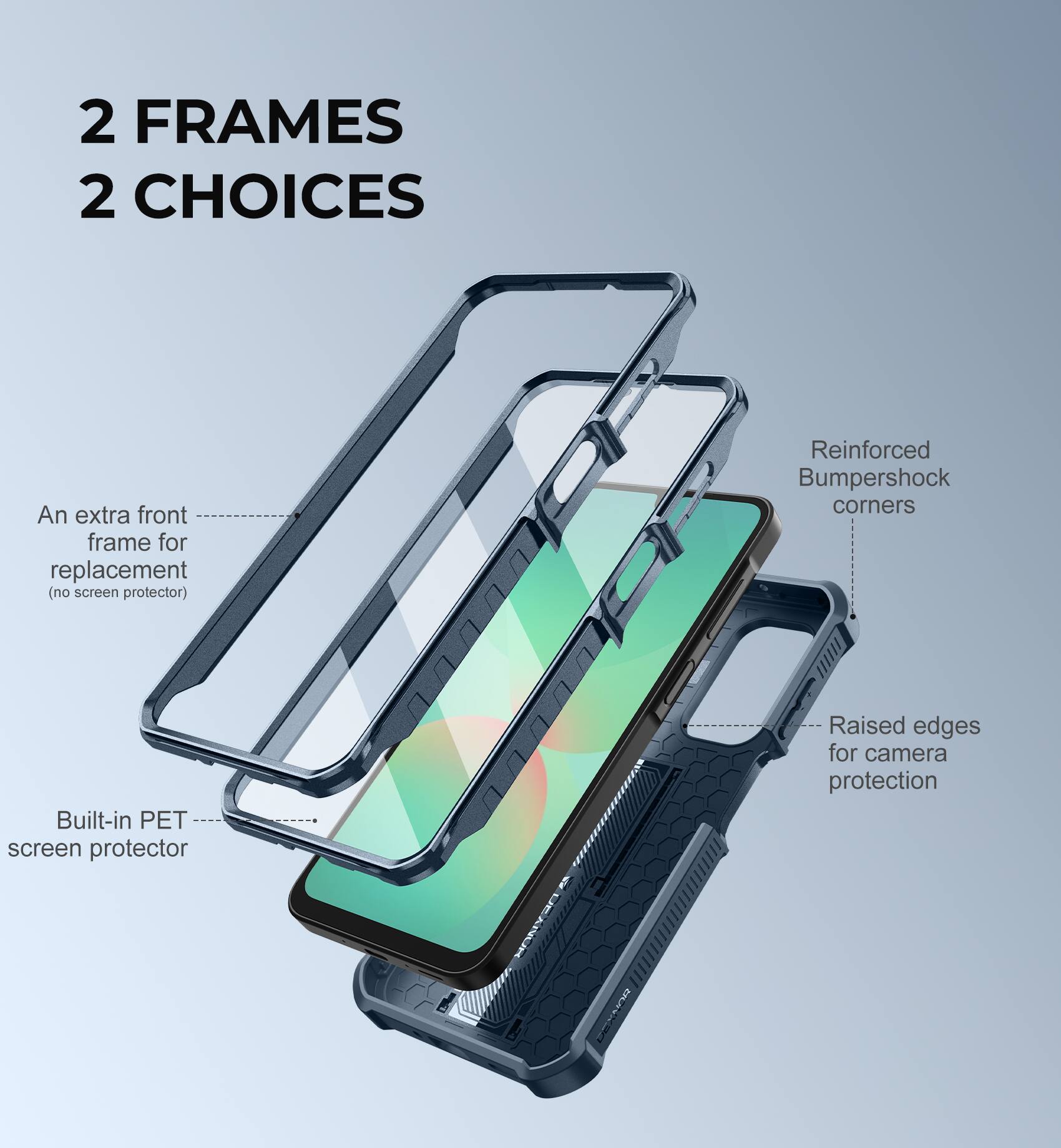2 FRAMES 2 CHOICES

- An extra front frame for replacement (no screen protector)
- Reinforced Bumpershock corners
- Built-in PET screen protector
- Raised edges for camera protection