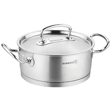 Front. Korkmaz - Korkmaz Proline Professional Series 4.5 Liter Stainless Steel Low Casserole with Lid in Silver - Silver.