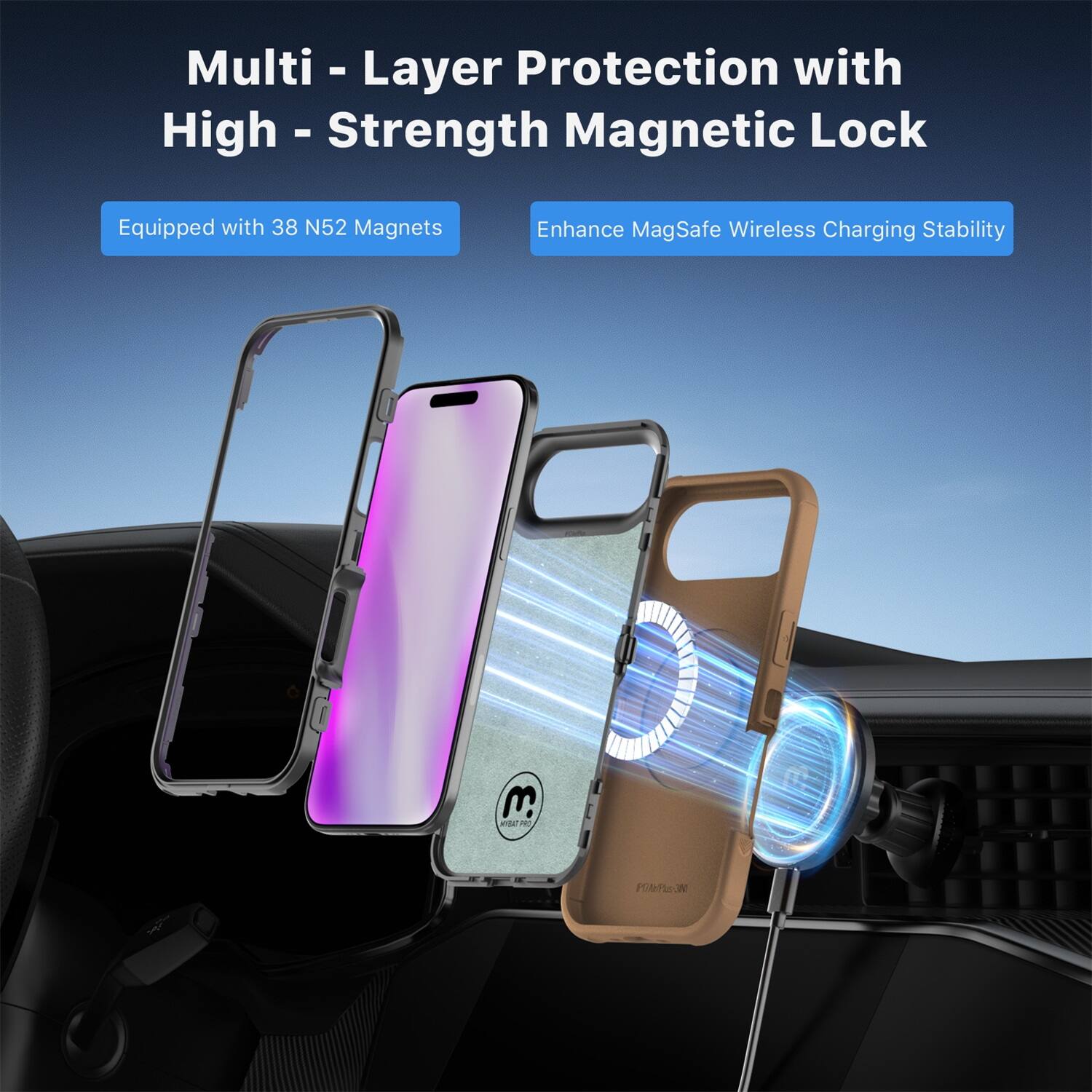 Multi-Layer Protection with High-Strength Magnetic Lock

Equipped with 38 N52 Magnets

Enhance MagSafe Wireless Charging Stability