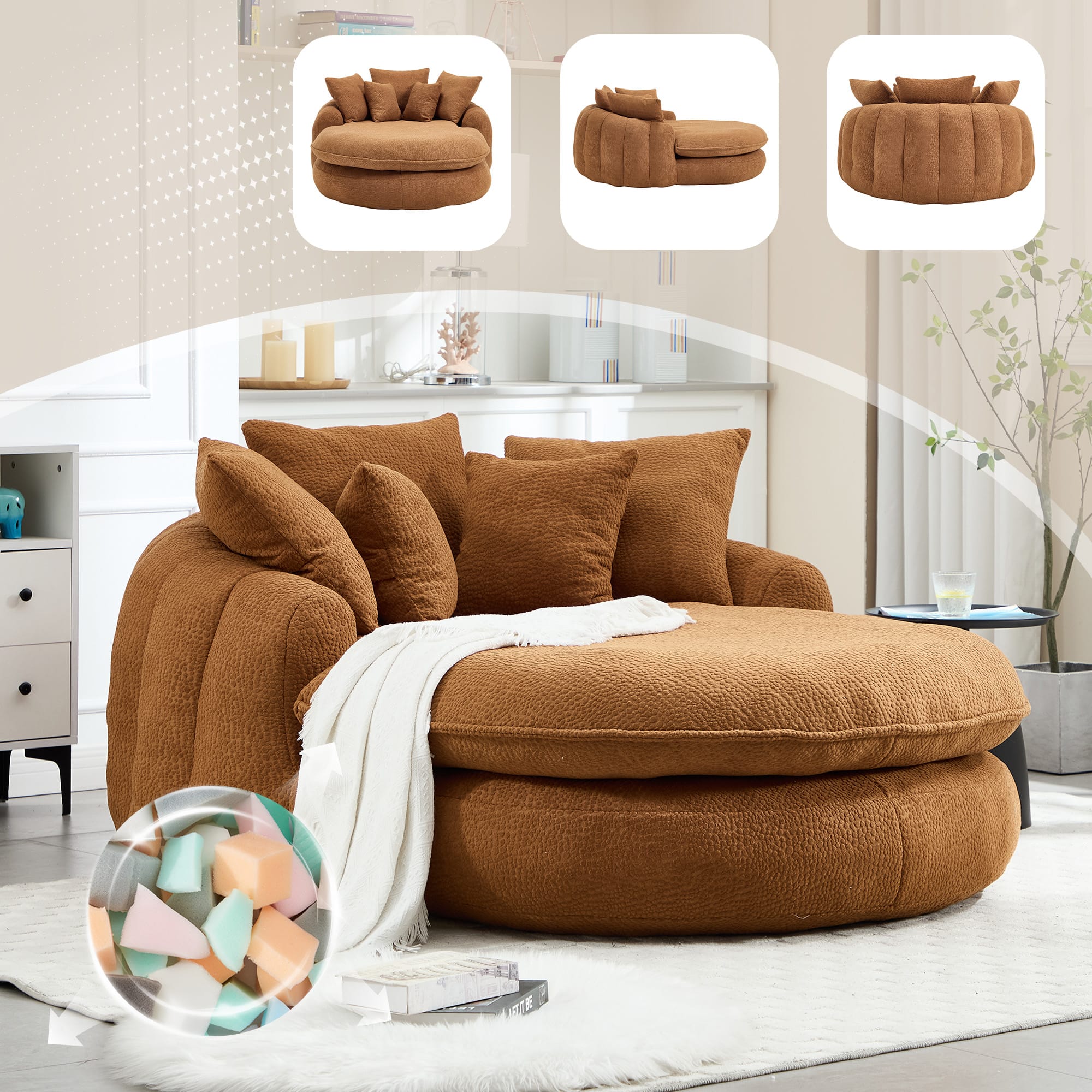 GOODSILO - Oversized Oval Upholstered Bean Bag Sofa with Wrap-Around Backrest and Multiple Pillows for Ultimate Comfort - Orange