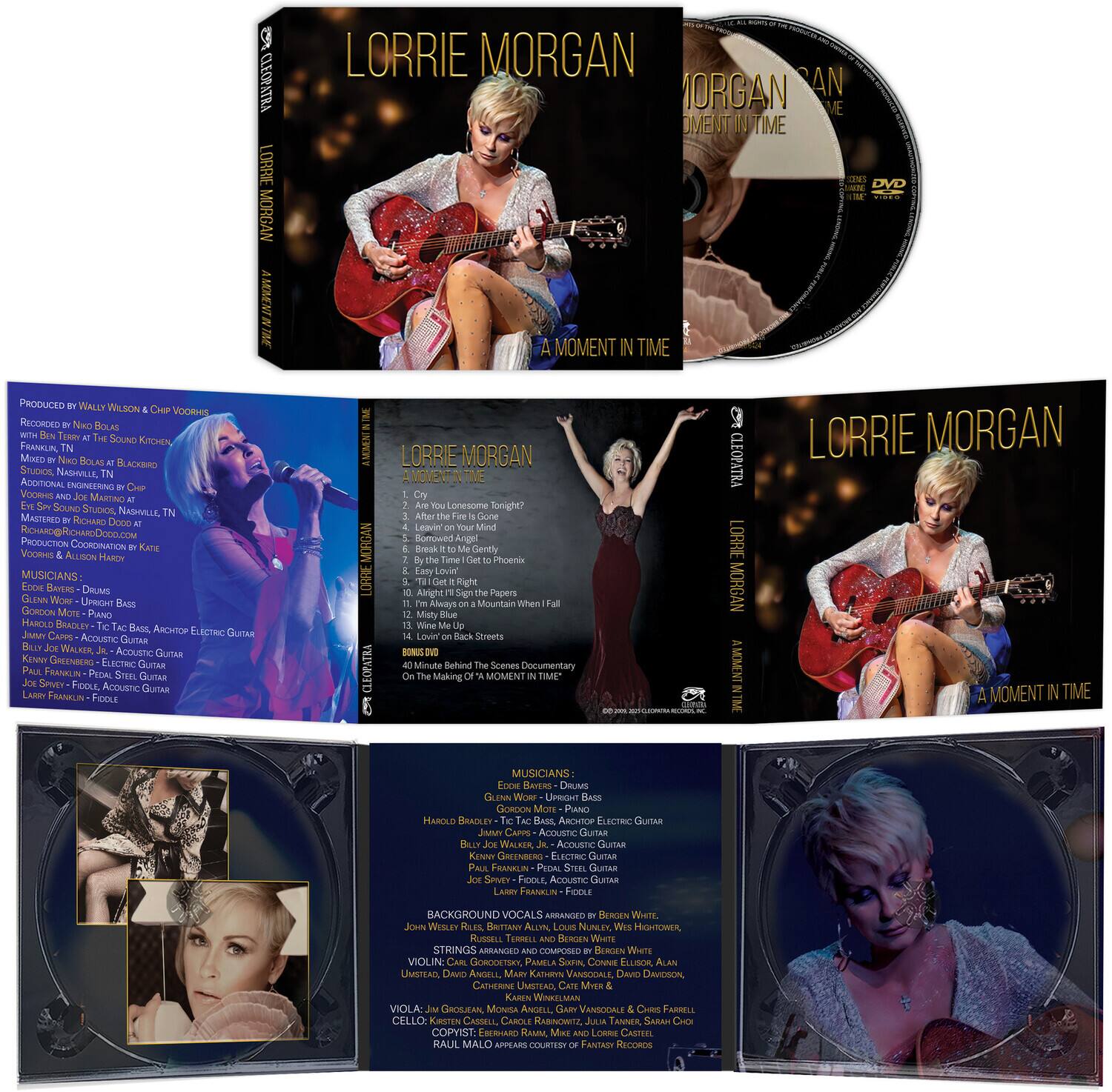 **LORRIE MORGAN**  
**A MOMENT IN TIME**

---

**PRODUCED BY WALLY WILSON & CHIP VOORNIS**  
**RECORDED BY NICO BOLAS**  
**MIXED BY FRANKI MIXTO**  
**ADDITIONAL ENGINEERING BY CHIP VOORNIS**  
**MASTERED BY RICHARD DODD**  
**PRODUCTION COORDINATOR: ALLISON HARDY**  
**MUSICIANS:**  
- **BAVER** - DRUMS  
- **GLENN** - UPRIGHT BASS  
- **GORDON** - PIANO  
- **HAROLD** - BRASS  
- **SCIC** - GUITAR  
- **JAY** - ACOUSTIC GUITAR  
- **KEHNE** - ELECTRIC GUITAR  
- **FRANKLIN** - PEDAL STEEL  
- **FOOL** - ACOUSTIC GUITAR  
- **CAPP** - ACOUSTIC GUITAR  
- **WALKER** - ACOUSTIC GUITAR  
- **CASENREDO** - ELECTRIC GUITAR  
-