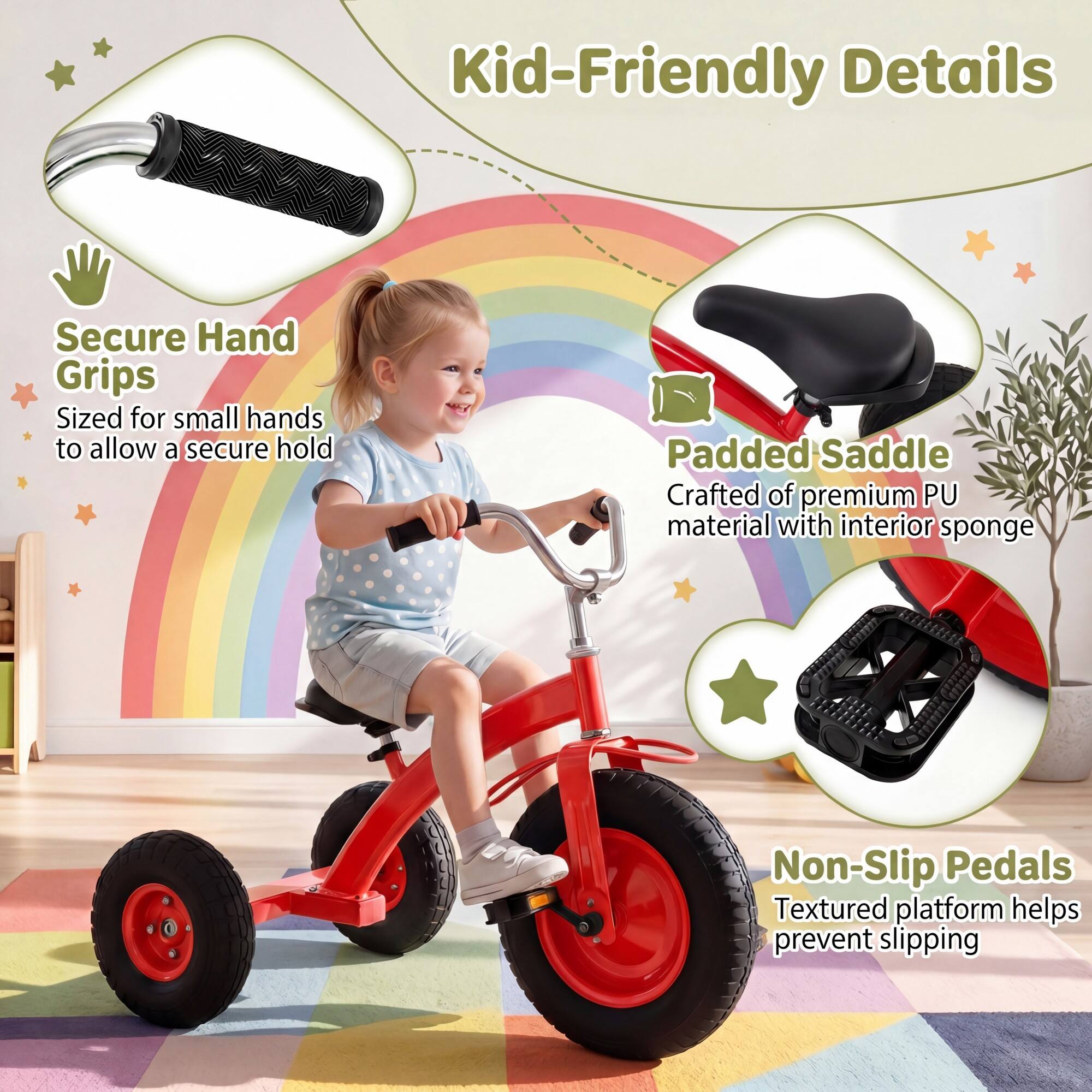 Kid-Friendly Details

Secure Hand Grips
Sized for small hands to allow a secure hold

Padded Saddle
Crafted of premium PU material with interior sponge

Non-Slip Pedals
Textured platform helps prevent slipping