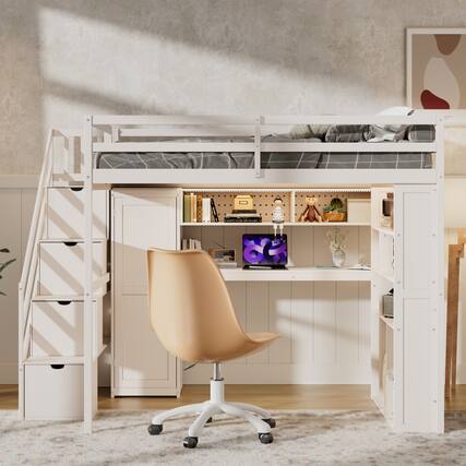 Front. Anysun - Full Loft Bed Frame with Built-In Wardrobe, Study Desk, Storage Shelves & Lights, Space-Saving Design for Bedroom - Beige.