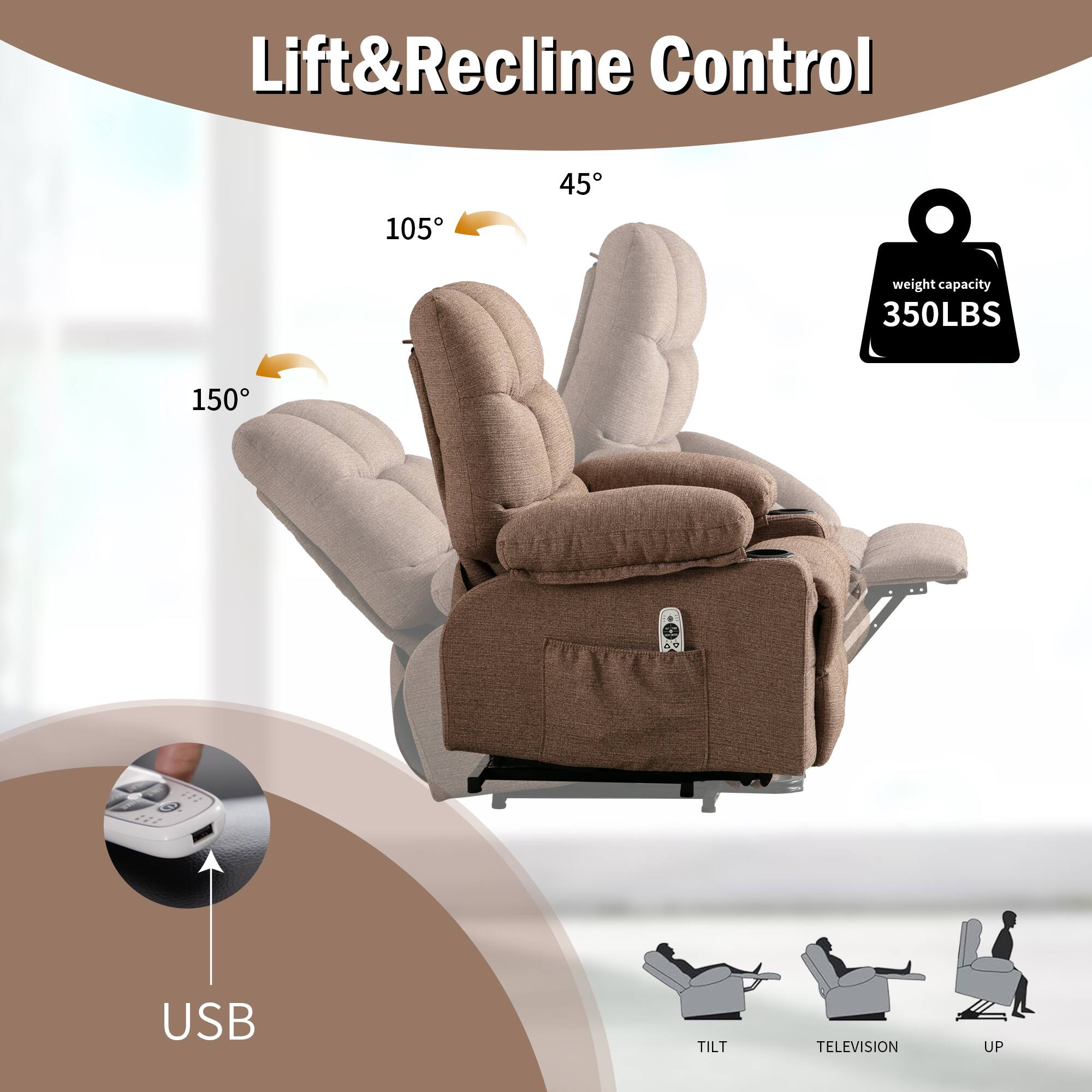 Lift & Recline Control

- 45°
- 105°
- 150°

Weight Capacity: 350LBS

USB

TILT
TELEVISION
UP