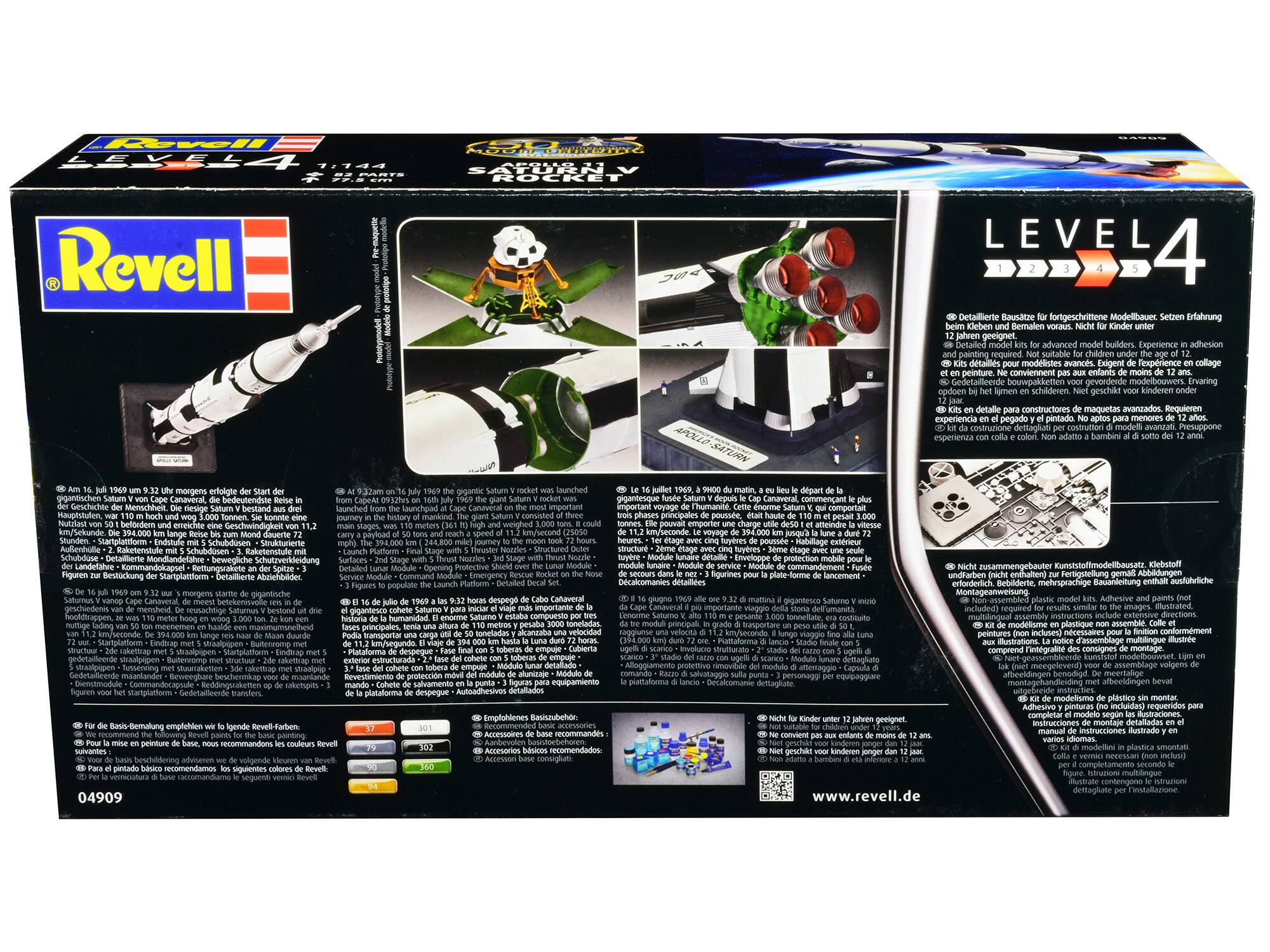 Sure, here is the corrected and grouped text from the image:

---

**Revell**

**LEVEL 4**

**1:144**

**19.2 cm**

**SATURN V ROCKET**

**Apollo-Saturn V**

**04909**

**Am 16. Juli 1969 um 2:32 Uhr startete der Saturn V von Cape Canaveral. Die Apollo-Saturn V war 110 m hoch und hatte eine Tragfähigkeit von 120 Tonnen. Sie bestand aus drei Stufen:**

1. **S-IC (First Stage):** 45 m hoch, 7.9 m Durchmesser, 2.000 Tonnen Schwer, 15.000 kN Thrust, 3 x F-1-Raketenmotoren.
2. **S-II (Second Stage):** 24 m hoch, 6.6 m Durchmesser, 1.200 Tonnen Schwer, 5.000 kN Thrust, 5 x J-2-Raketenmotoren.
3. **S-IVB (Third Stage):