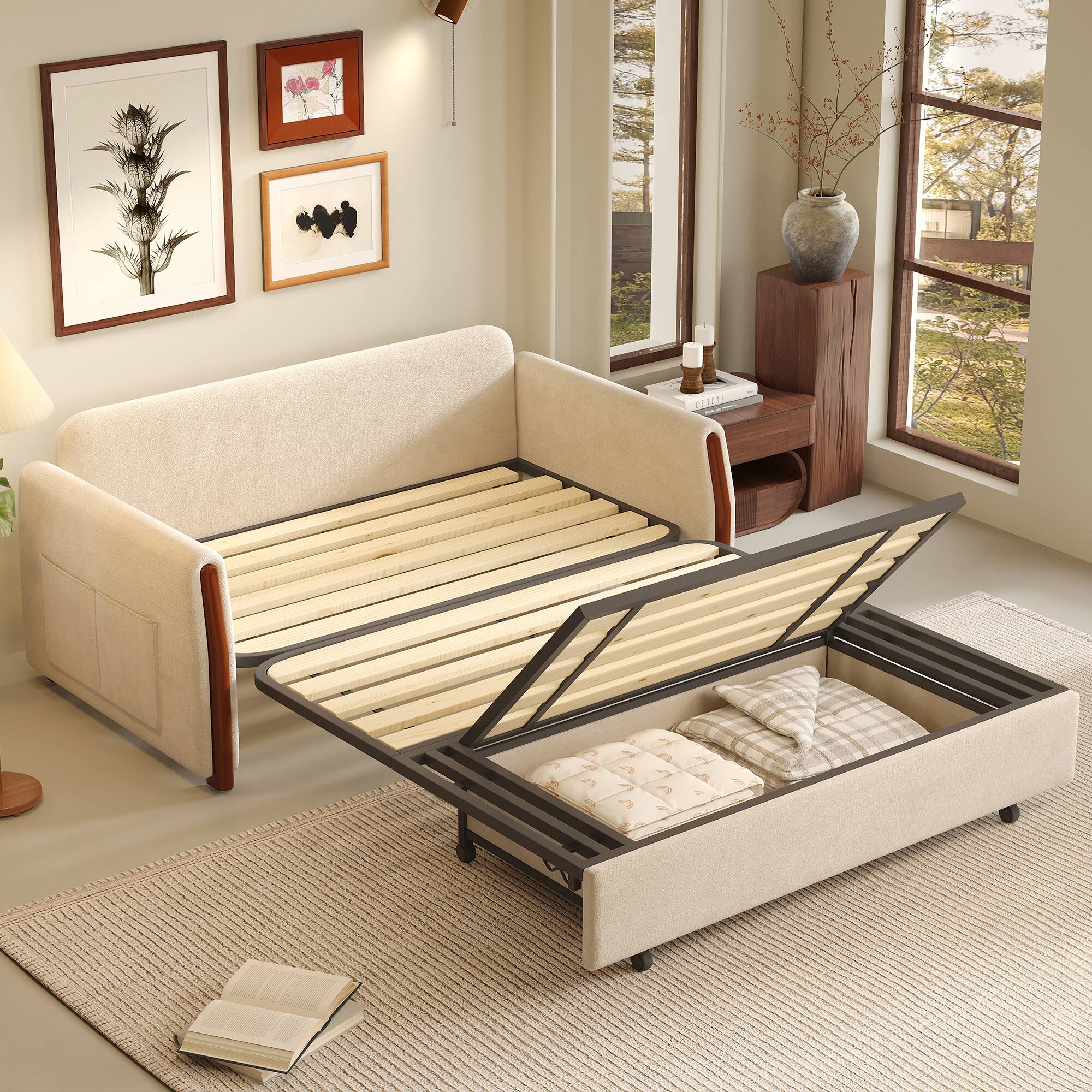 Alt View 3. luck idea - Beige 2 Seater Pull Out Sofa Bed with Storage, Wooden Arm Convertible Loveseat Sleeper Couch for Small Space - white.