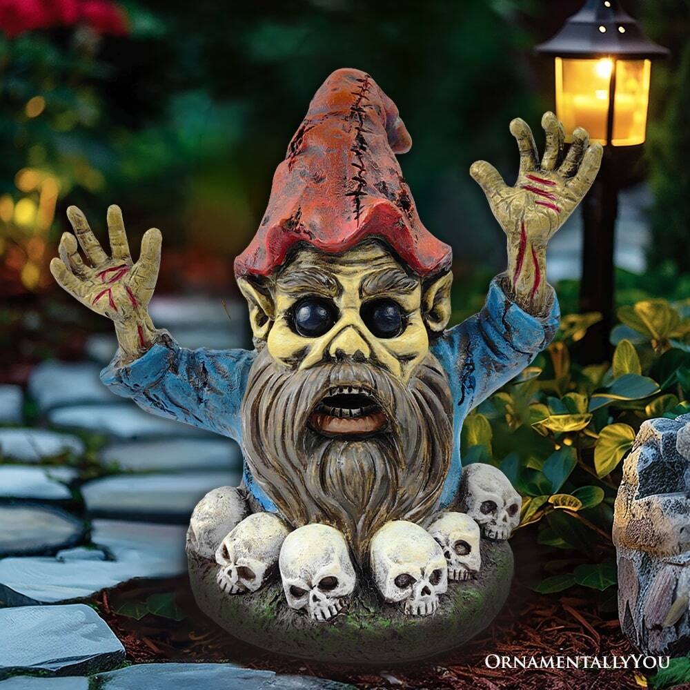 Alt View 4. OrnamentallyYou - Zombie Gnome Garden Statue, 8" Outdoor Halloween Figurine Yard Decoration - Orange.