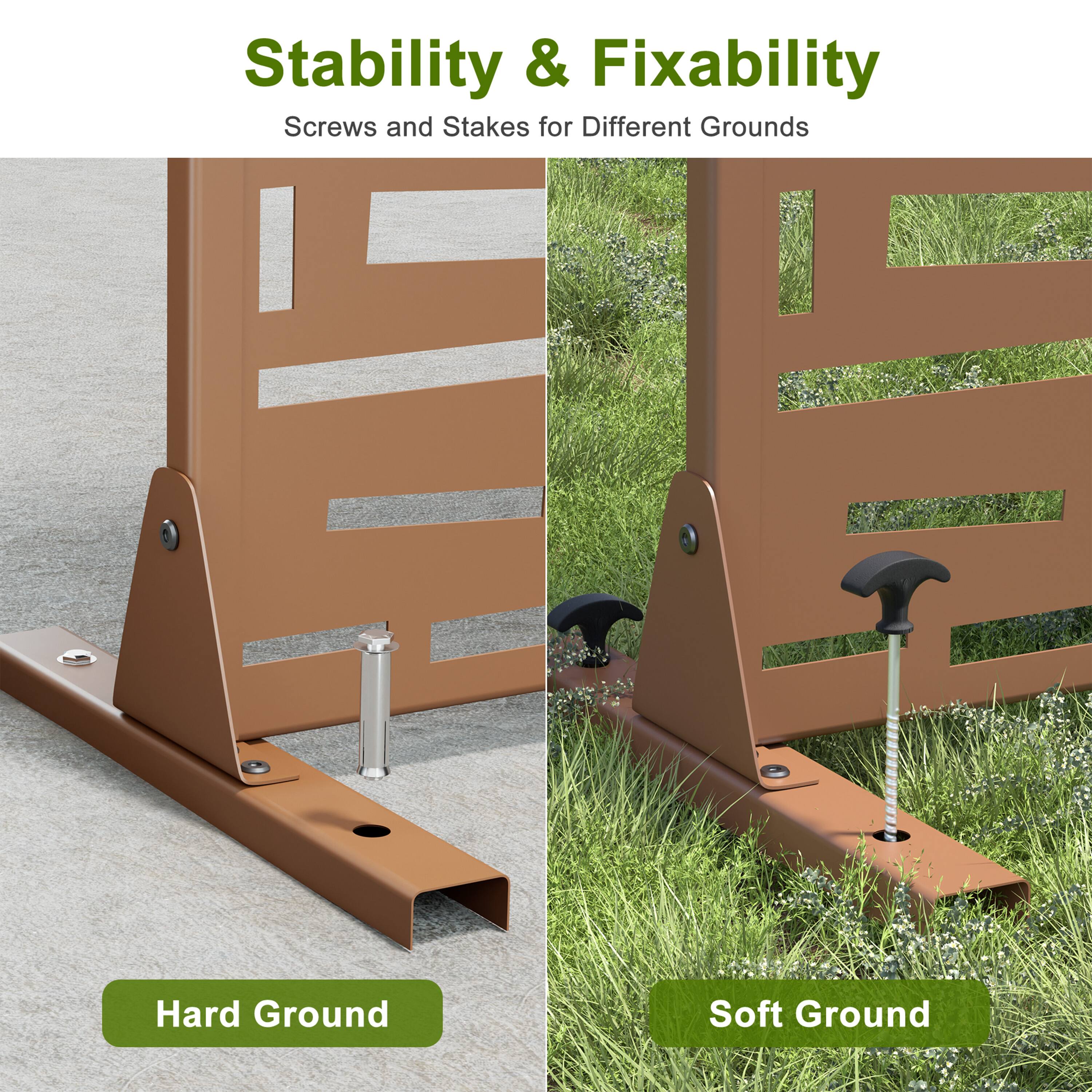 Stability & Fixability  
Screws and Stakes for Different Grounds  

Hard Ground  
Soft Ground
