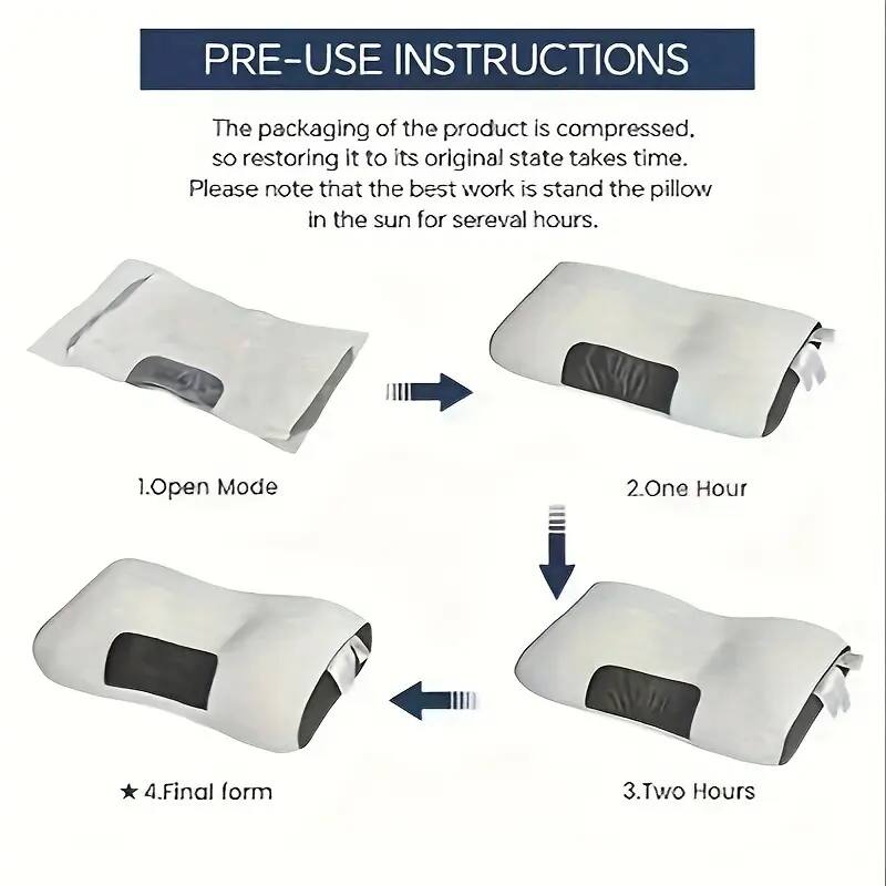 PRE-USE INSTRUCTIONS

The packaging of the product is compressed, so restoring it to its original state takes time. Please note that the best work is to stand the pillow in the sun for several hours.

1. Open Mode
2. One Hour
3. Two Hours
4. Final Form