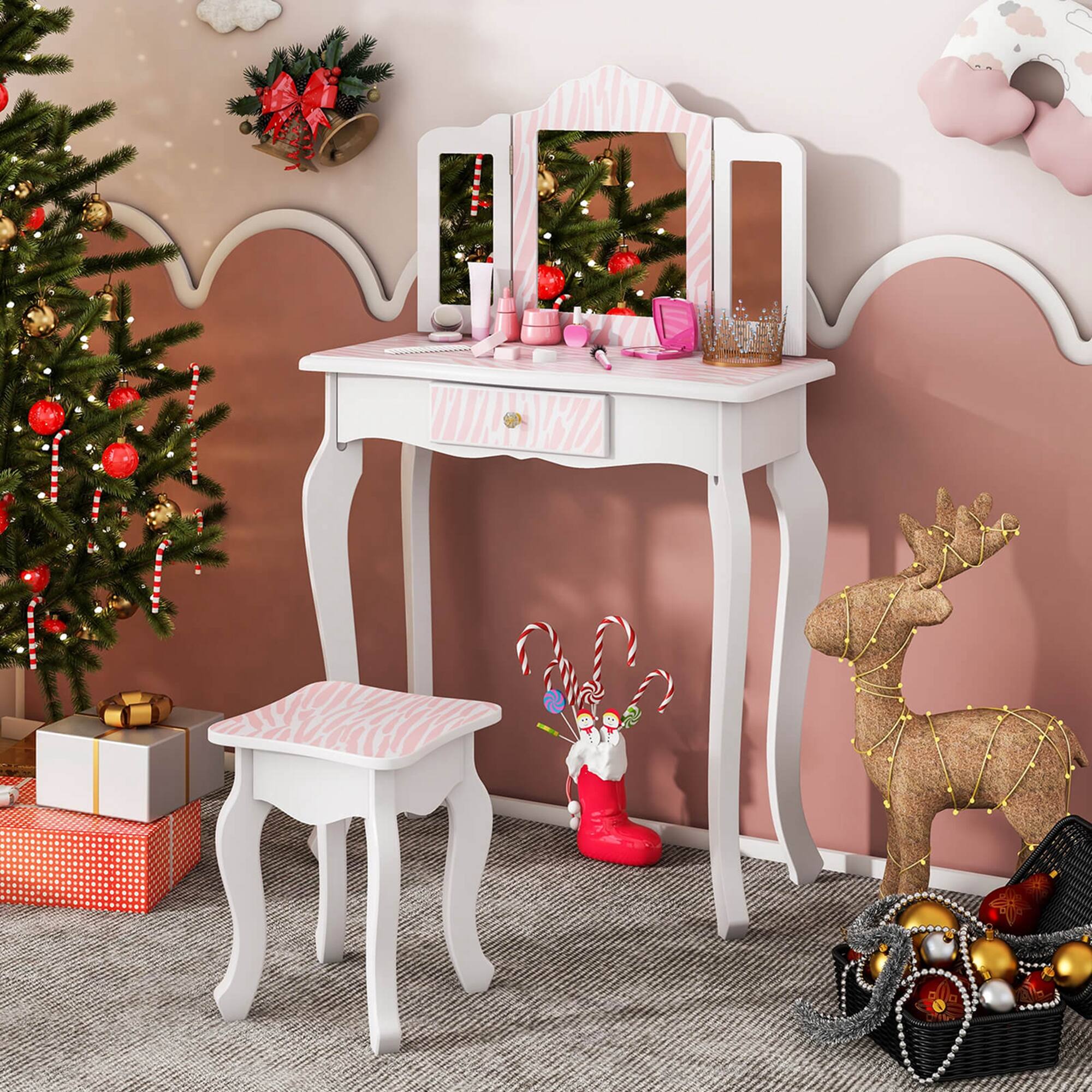 Costway Kids Vanity Set Toddler Makeup Table & Stool with Tri folding ...