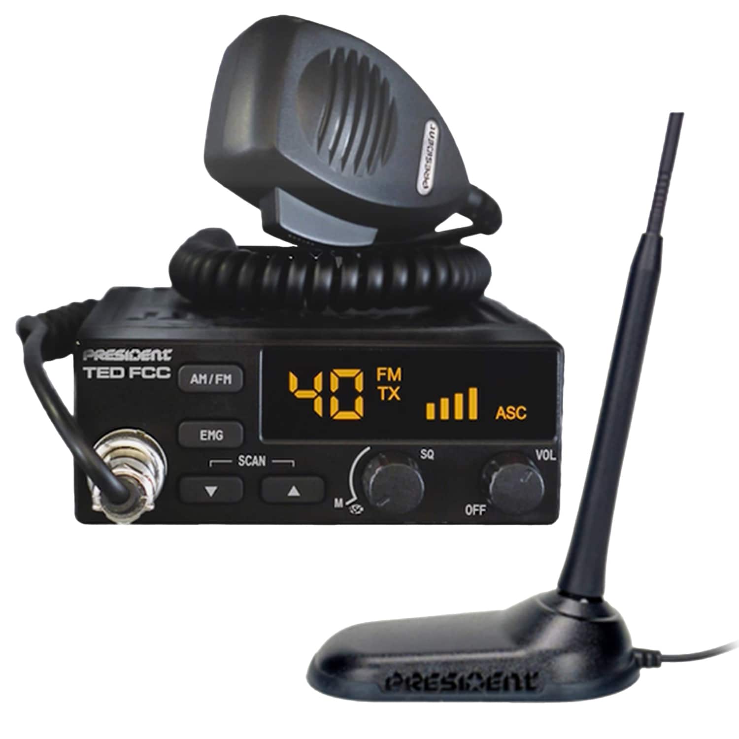 PRESIDENT - CB Radio Starter Kit TED FCC 40-Channel 12-Volt AM/FM with Magnet-Mount Antenna Virginia-F - Black