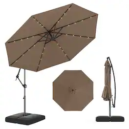 Gymax - 10 FT Solar Offset Hanging Umbrella Patio Cantilever Umbrella w/ 32 LED Lights - Taupe