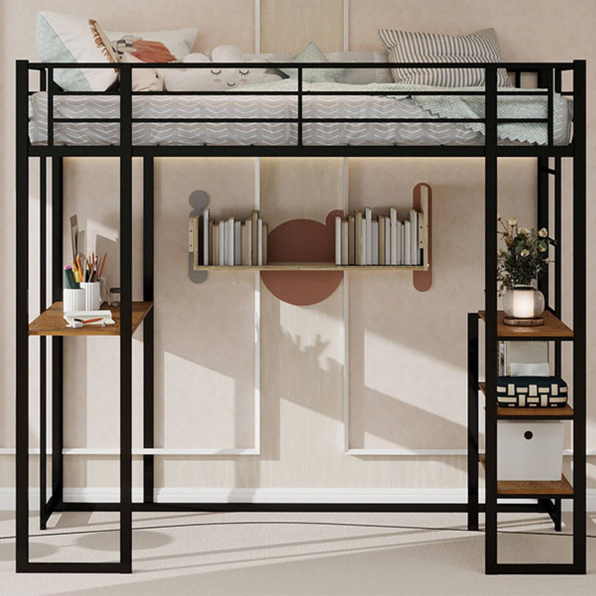 Alt View 10. GOODSILO - Space-Saving Iron Frame Bunk Bed with Integrated L-Shaped Desk and Dual-Side Accessible Staircase for Children and Teens - Black.