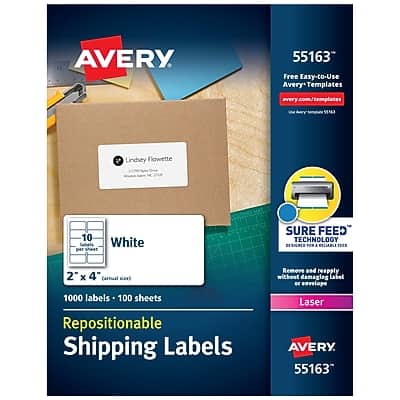 Avery - Repositionable Laser Shipping Labels, 2" x 4", 1,000 Labels/Box - White