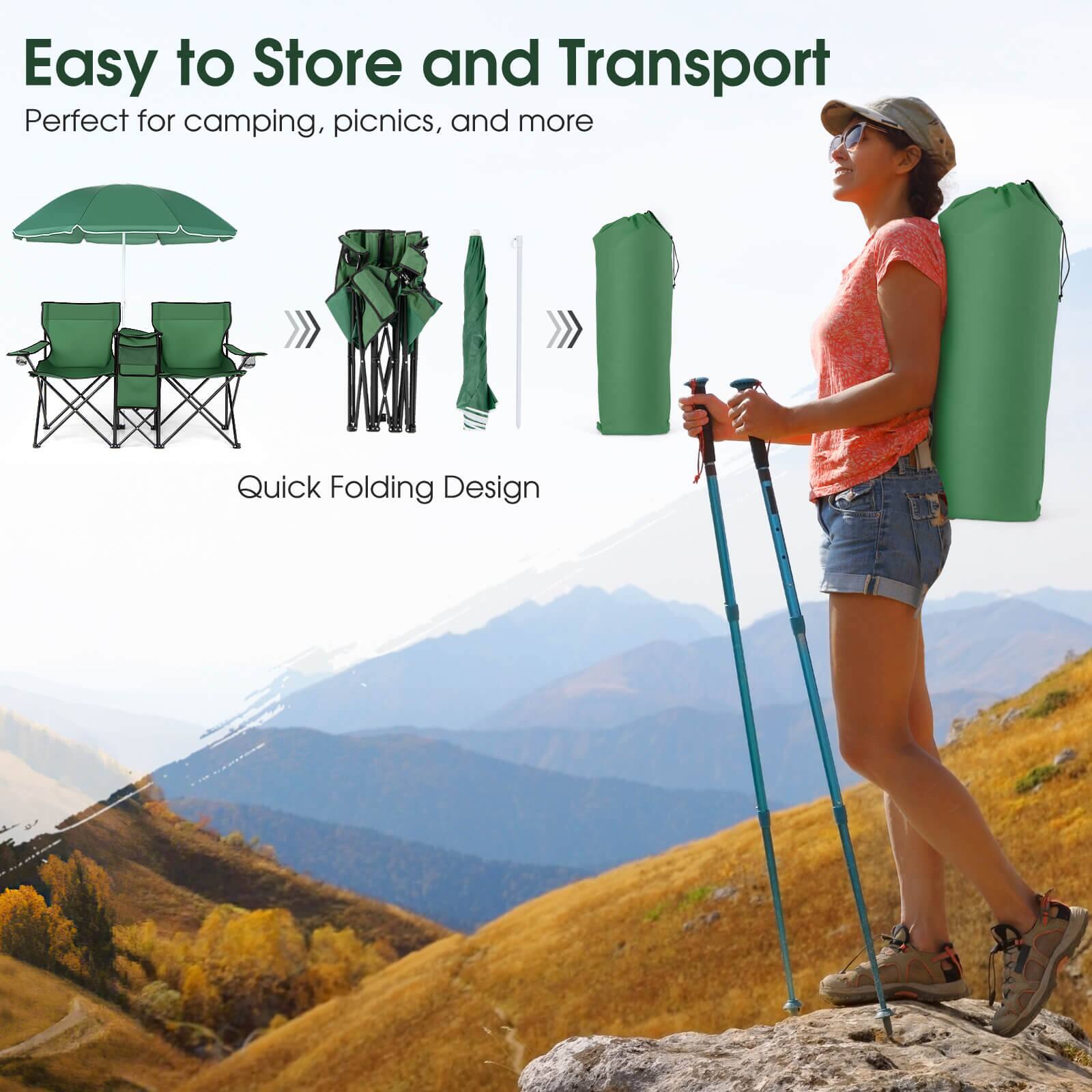 Easy to Store and Transport  
Perfect for camping, picnics, and more  
Quick Folding Design