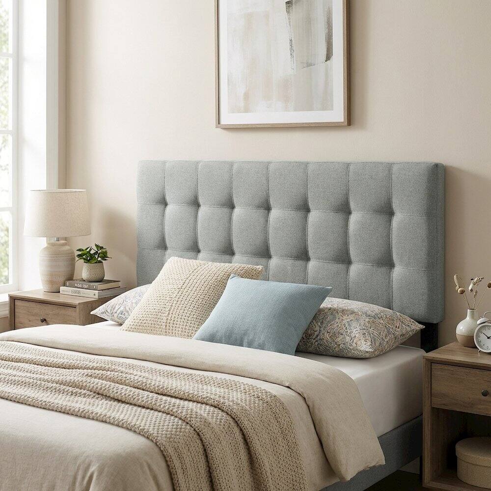 Left. FurniFact - Upholstered Fabric Queen Headboard with Padded Design for Bedroom Comfort - Gray.