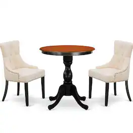 East West Furniture - 3-Piece Kitchen Dining Table Set Include a Mid Century Dining Table and 2 Light Beige Linen Fabric - Multi-Color