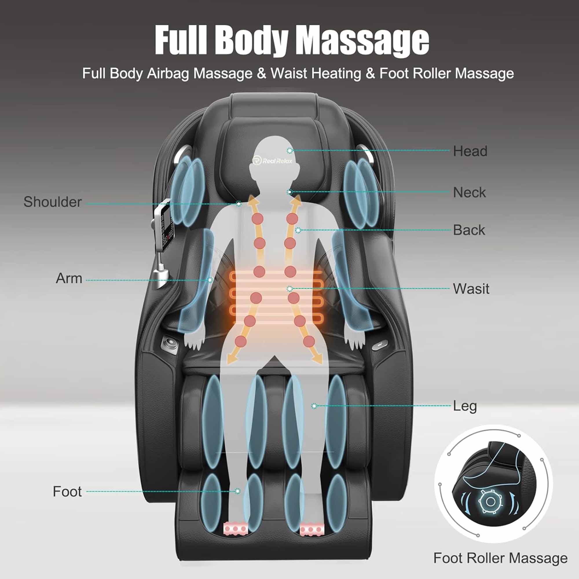 Full Body Massage  
Full Body Airbag Massage & Waist Heating & Foot Roller Massage  

- Head
- Neck
- Back
- Waist
- Leg
- Foot
- Shoulder
- Arm
