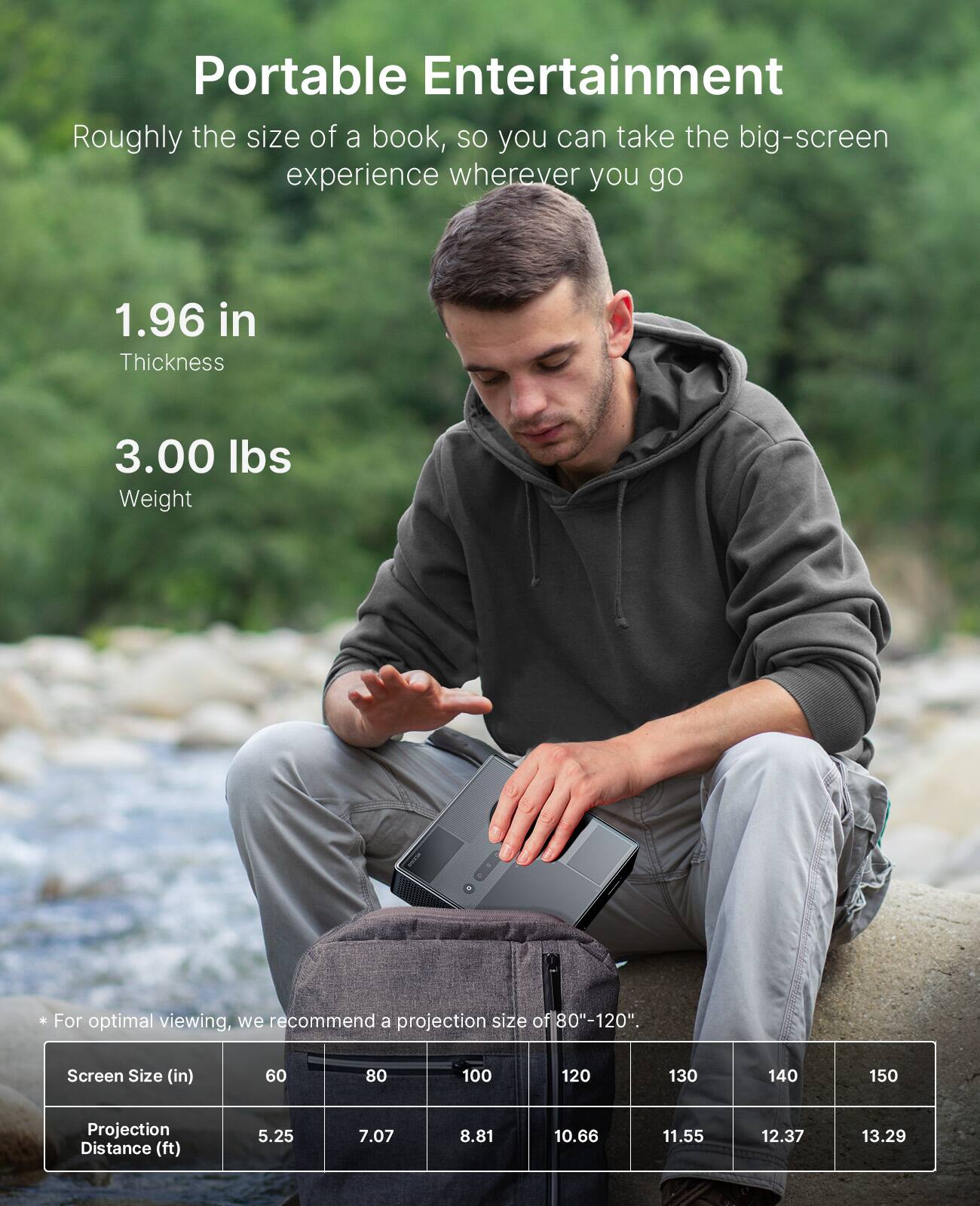 Portable Entertainment  
Roughly the size of a book, so you can take the big-screen experience wherever you go  

1.96 in  
Thickness  

3.00 lbs  
Weight  

*For optimal viewing, we recommend a projection size of 80"-120".  

| Screen Size (in) | 60 | 80 | 100 | 120 | 130 | 140 | 150 |  
|----------------|----|----|-----|-----|-----|-----|-----|  
| Projection Distance (ft) | 5.25 | 7.07 | 8.81 | 10.66 | 11.55 | 12.37 | 13.29 |
