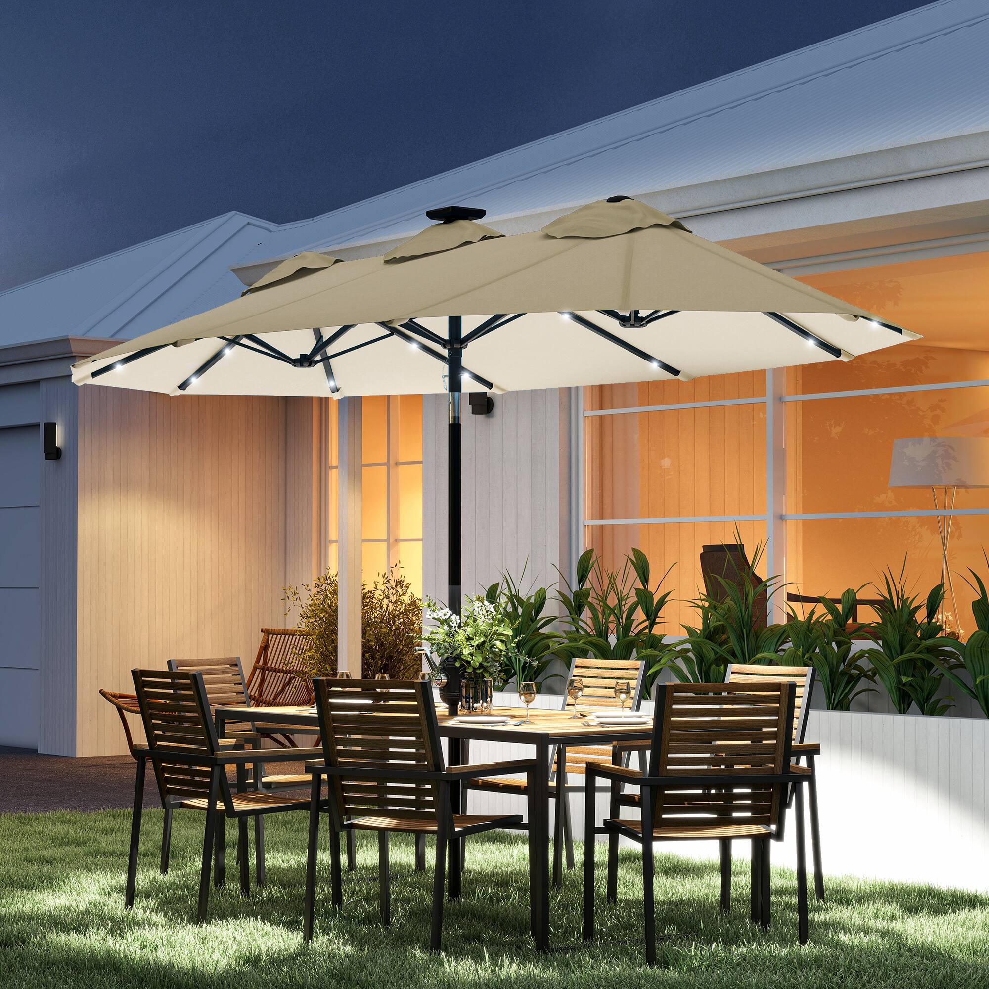 Alt View 1. Outsunny - Patio Umbrella, 9.7' Outdoor Umbrella with Tilt and Crank, LED Solar Light and 12 Ribs - Cream White.