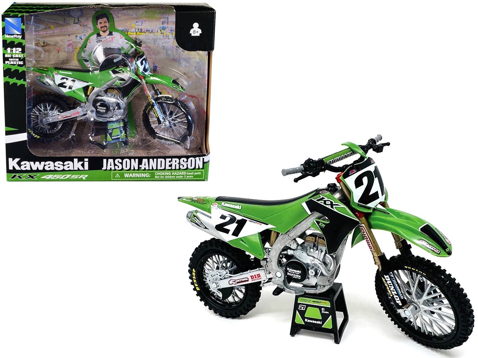 NewRay  
1:12 DIE CAST WITH PLASTIC  
Kawasaki JASON ANDERSON  
KX 450R  
WARNING: CHOKING HAZARD - Small parts for children under 3 years  
8+