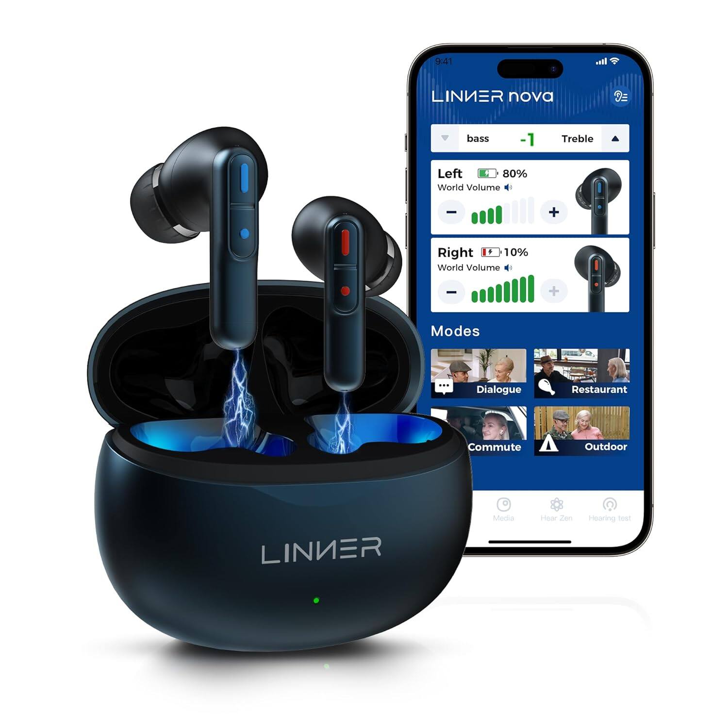 The image features a blue bowl with a pair of earphones inside, and a cell phone next to it. The text on the image reads "LINNER nova D bass 1 Treble Left 4 80% World Volume - + Right + 10% World Volume - + Modes Dialogue Restaurant Commute A Outdoor LINNER Media Hear Zen Hearing tost." This text seems to be describing the features and settings of the earphones, such as the bass level, treble, and volume adjustments. The cell phone next to the bowl might be used to control these settings or display additional information about the earphones.