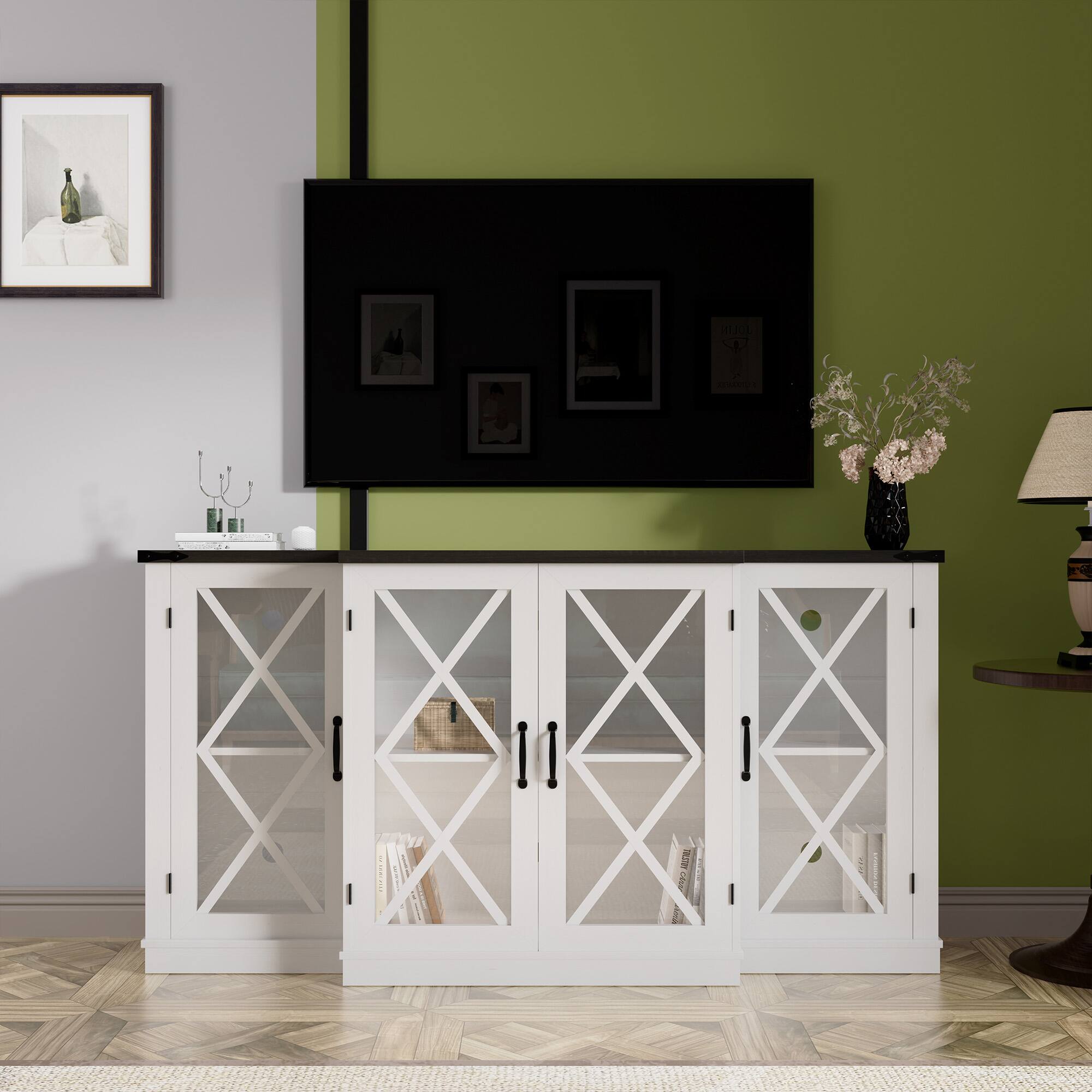 Front. APRILSOUL - Farmhouse TV Stand wih Storage 63Inch Entertainment Center Wooden Media TV Console with Height Adjustable Shelves - White.