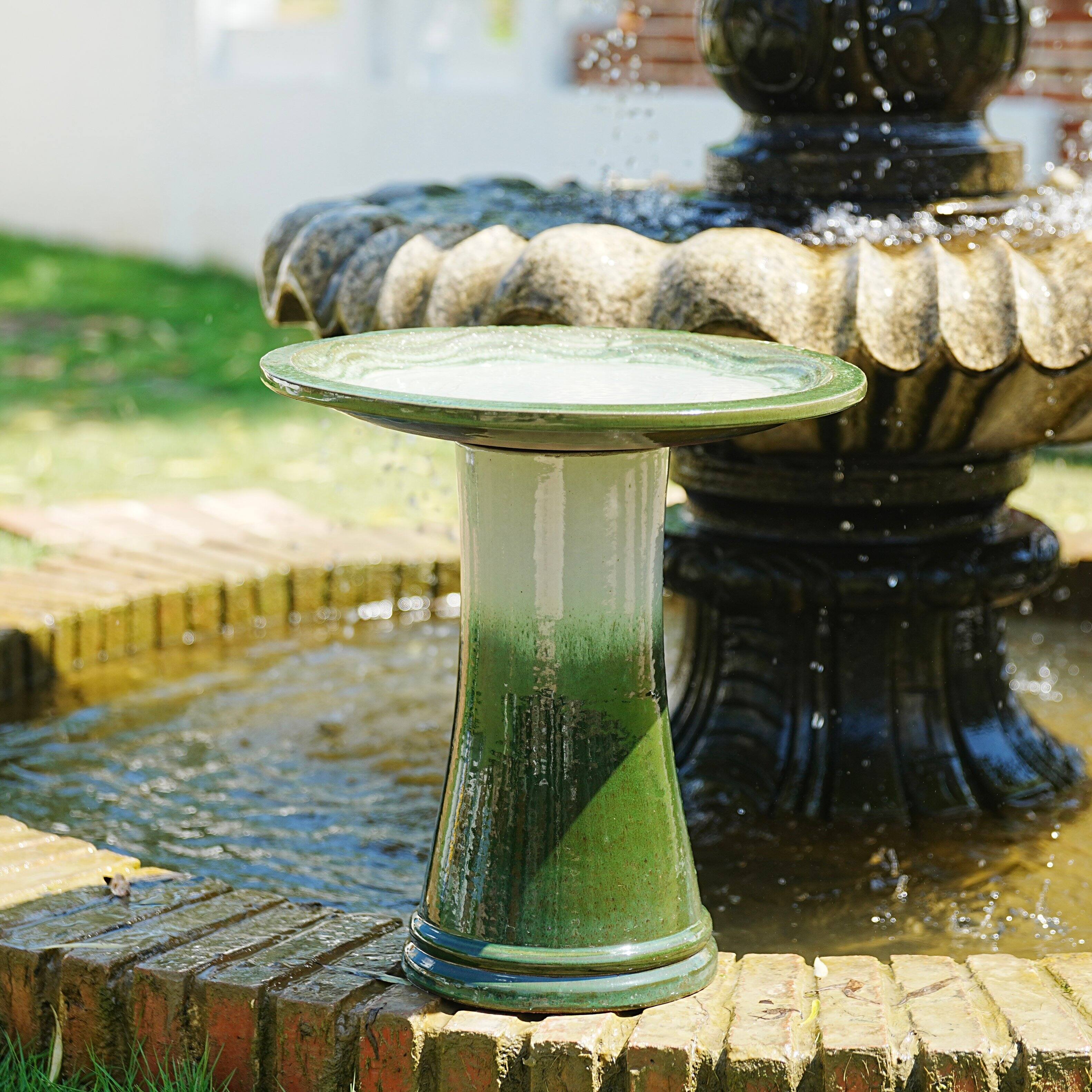 Angle. Loheer - 17 Inch Ceramic Bird Bath with Pedestal Base Handmade Glazed Birdbath for Garden Patio Yard - Grass Green + Ceramic.