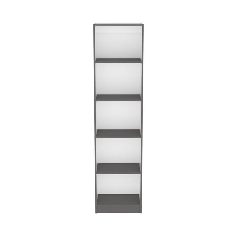 Angle. HTUTWOO - Bookcase with 5-Tier Shelves and Slim Design -Particle Board 71" Tall Narrow Bookshelf,Vertical Storage Shelf for Office - Matt Gray+White.