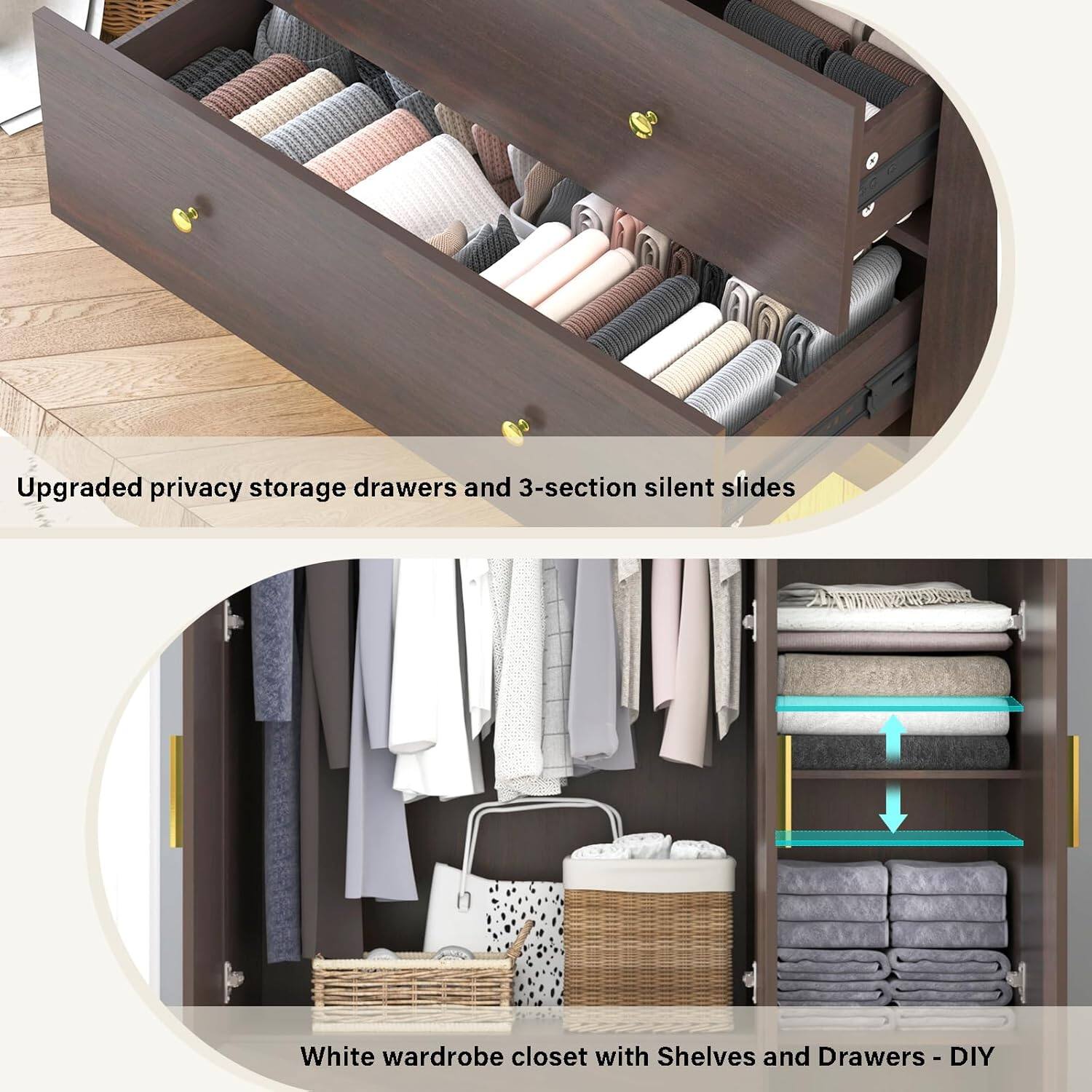 Upgraded privacy storage drawers and 3-section silent slides

White wardrobe closet with Shelves and Drawers - DIY