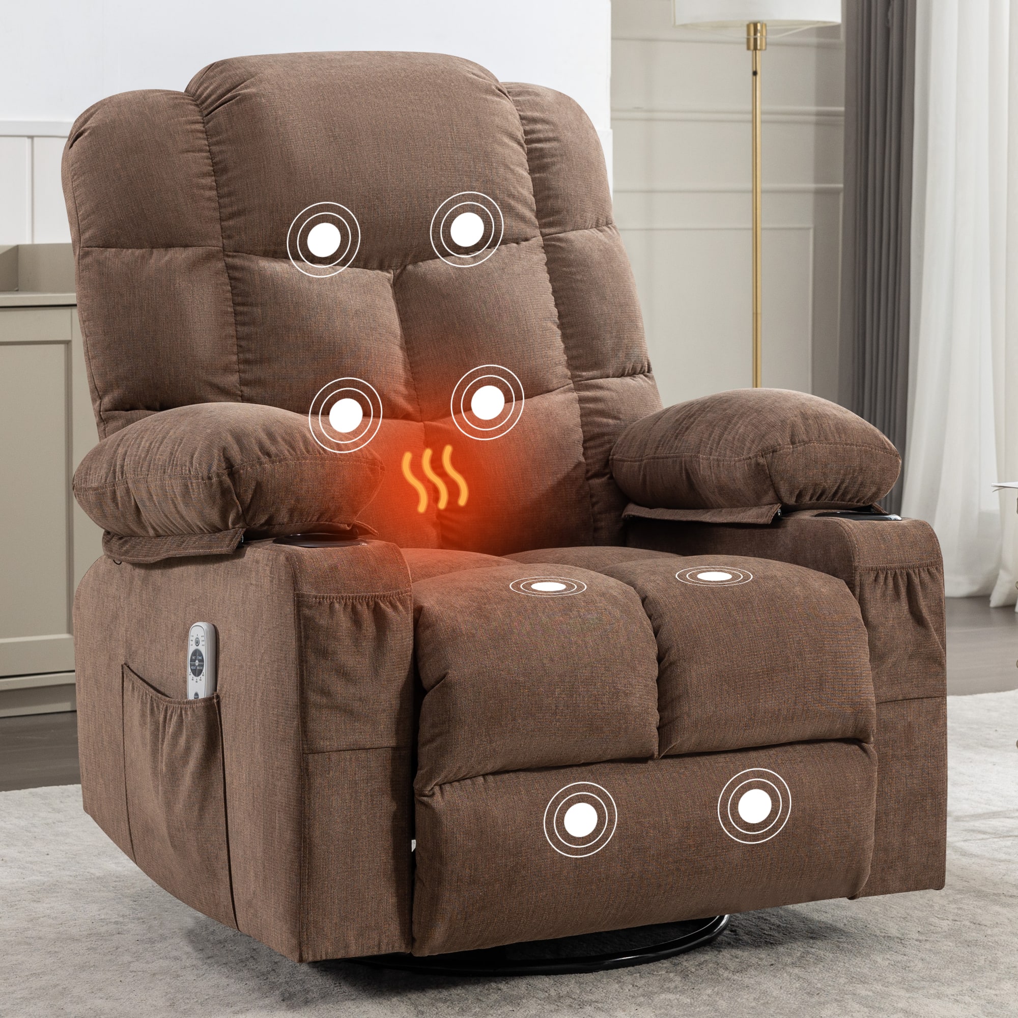 APRILSOUL - Massage Rocker Recliner Chair Oversized 2 Cup Holders Usb Charge Port Manual Massage Heat - Brown