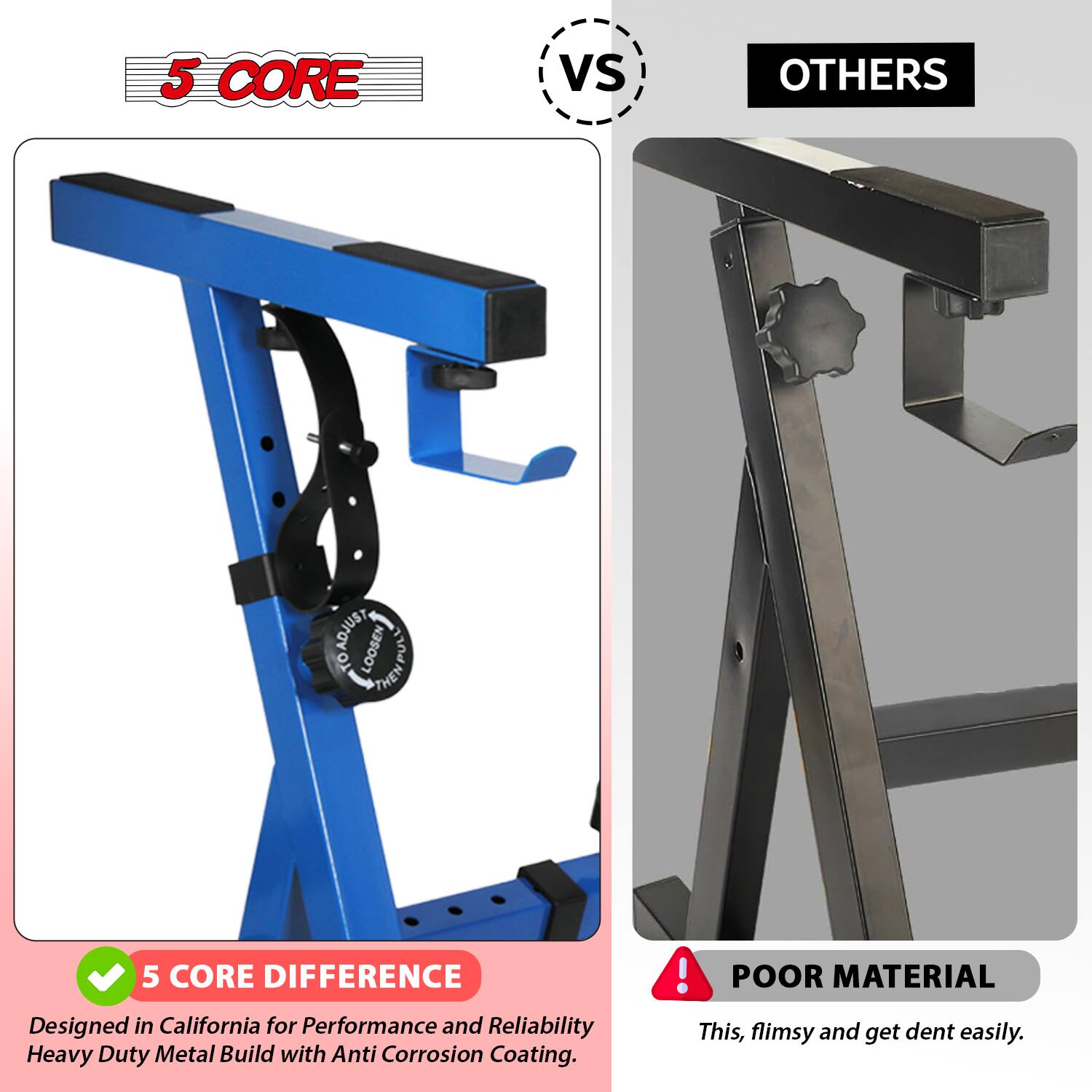 5 CORE vs OTHERS

5 CORE DIFFERENCE
Designed in California for Performance and Reliability
Heavy Duty Metal Build with Anti Corrosion Coating.

POOR MATERIAL
This, flimsy and get dent easily.