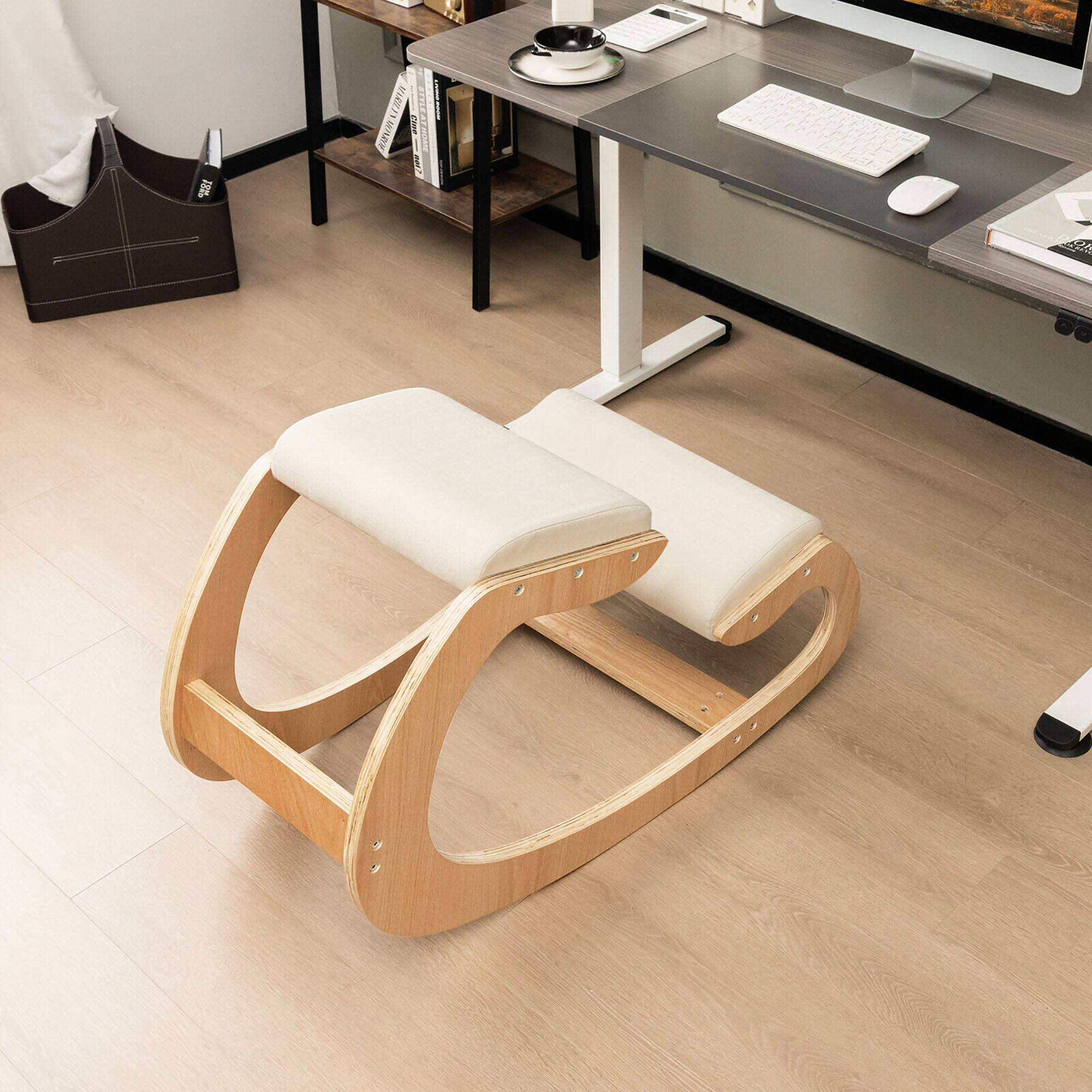 Alt View 1. Gymax - Gymax Ergonomic Kneeling Chair Wood Rocking Posture Stool w/ Cushion Back Neck Beige - Beige.