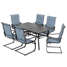 Nuu Garden - Outdoor 7-Piece Padded Textilene Metal Dining Set with Umbrella Hole - Black and Blue
