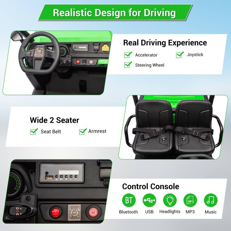 Realistic Design for Driving

Real Driving Experience
- Accelerator
- Steering Wheel
- Joystick

Wide 2 Seater
- Seat Belt
- Armrest

Control Console
- Bluetooth
- USB
- Headlights
- MP3
- Music