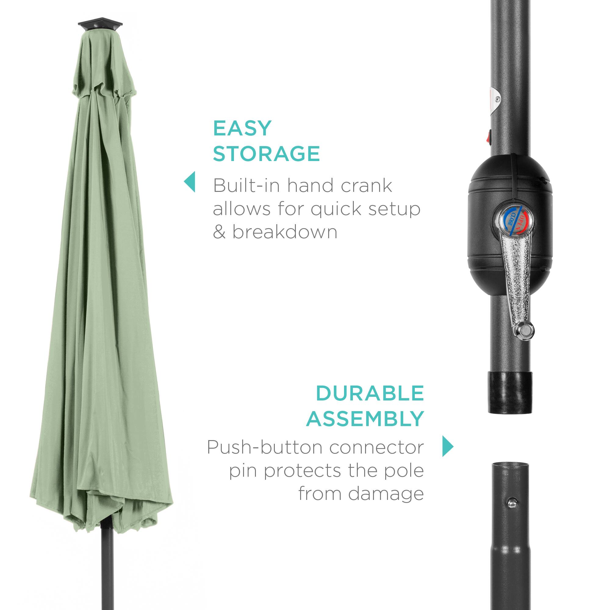 EASY STORAGE: Built-in hand crank allows for quick setup & breakdown.  
DURABLE ASSEMBLY: Push-button connector pin protects the pole from damage.
