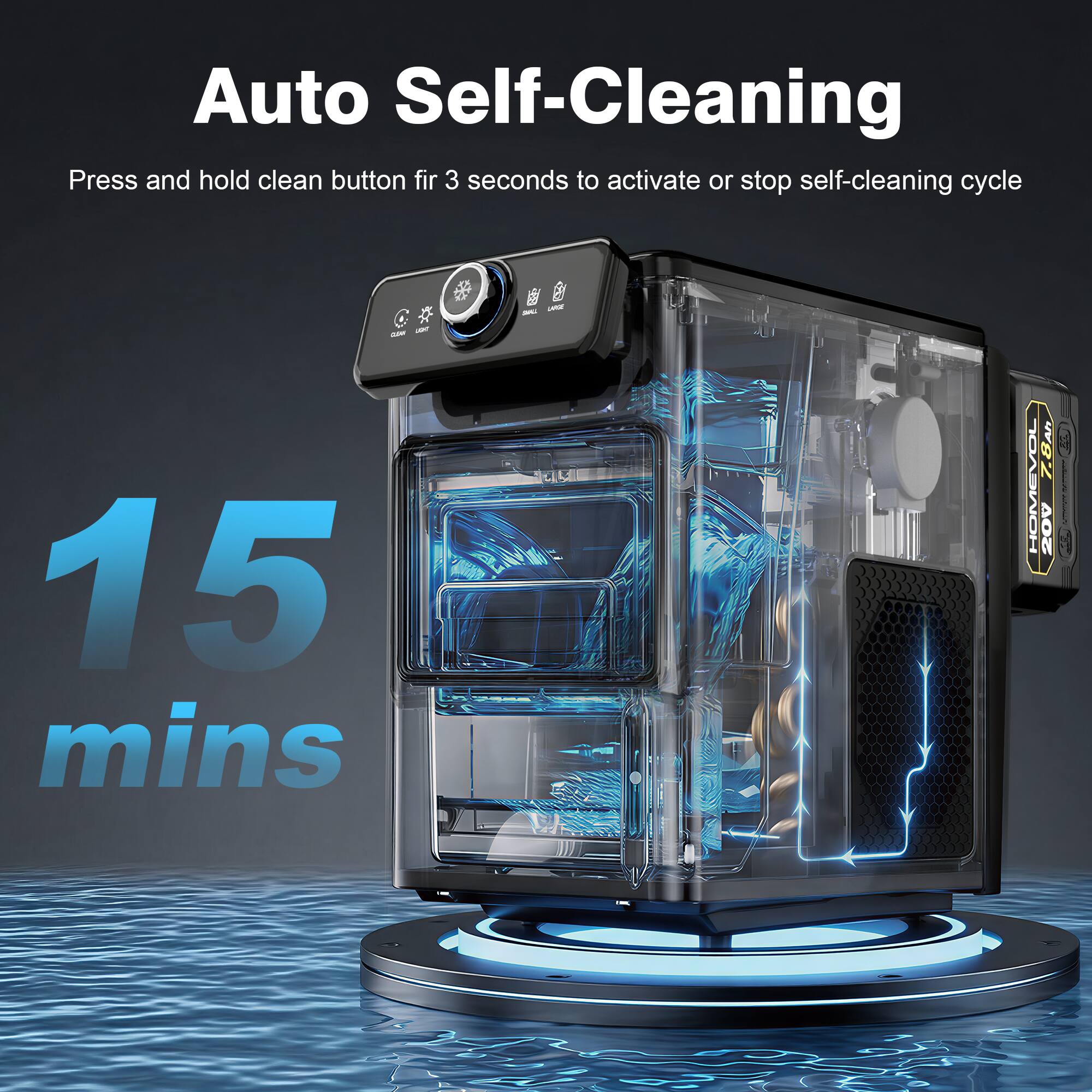 Auto Self-Cleaning  
Press and hold clean button for 3 seconds to activate or stop self-cleaning cycle  
15 mins  
VOL UA HOMEVOL 20V