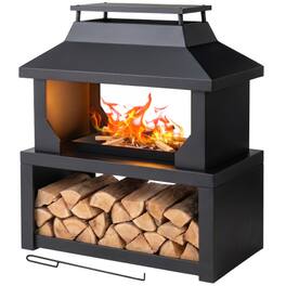 Winado - 32in Metal Fire Pit Stove, Wood Burning Firepit with Wood Storage, Chimney, Fire Poker for Outdoor Patio Backyard Party - Black