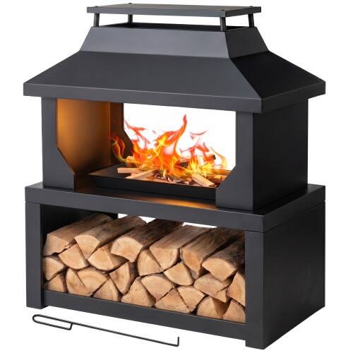 Front. Winado - 32in Metal Fire Pit Stove, Wood Burning Firepit with Wood Storage, Chimney, Fire Poker for Outdoor Patio Backyard Party - Black.
