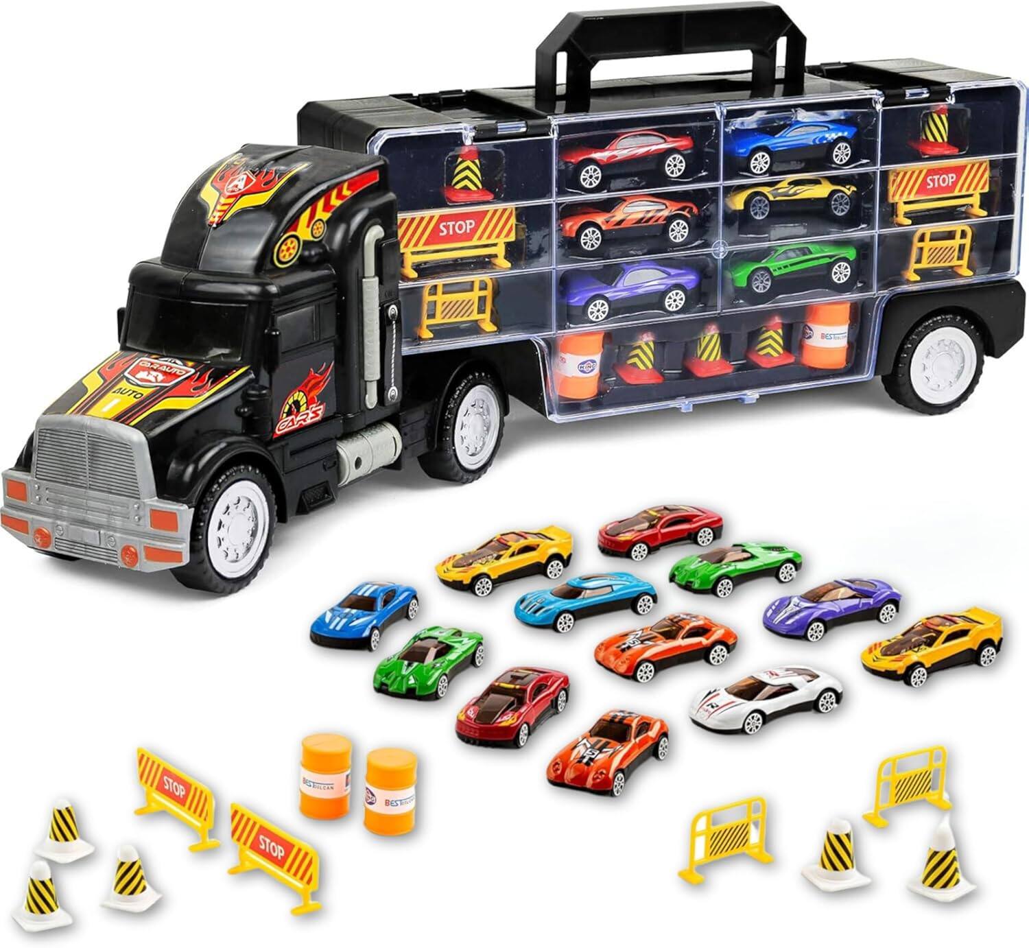 Toyvelt - Toy Truck for 3-10 yrs Old - Includes 12 Toy Cars and Accessories - Car Truck Fits 28 Car Slots - Transport Truck (12 cars)
