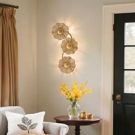 Parrot Uncle - Antique Modern Farmhouse Hand-Woven Raffia Rope Three Flower-Shaped LED Wall Lamp - Gold