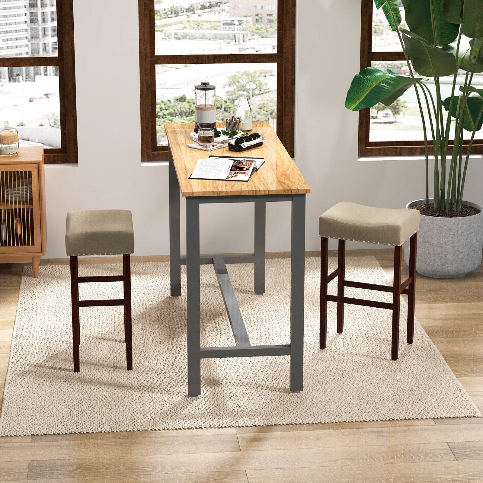 Alt View 7. Ecooso - 2 Set of 29 Inch Height Upholstered Bar Stool with Solid Rubber Wood Legs and Footrest - Beige.